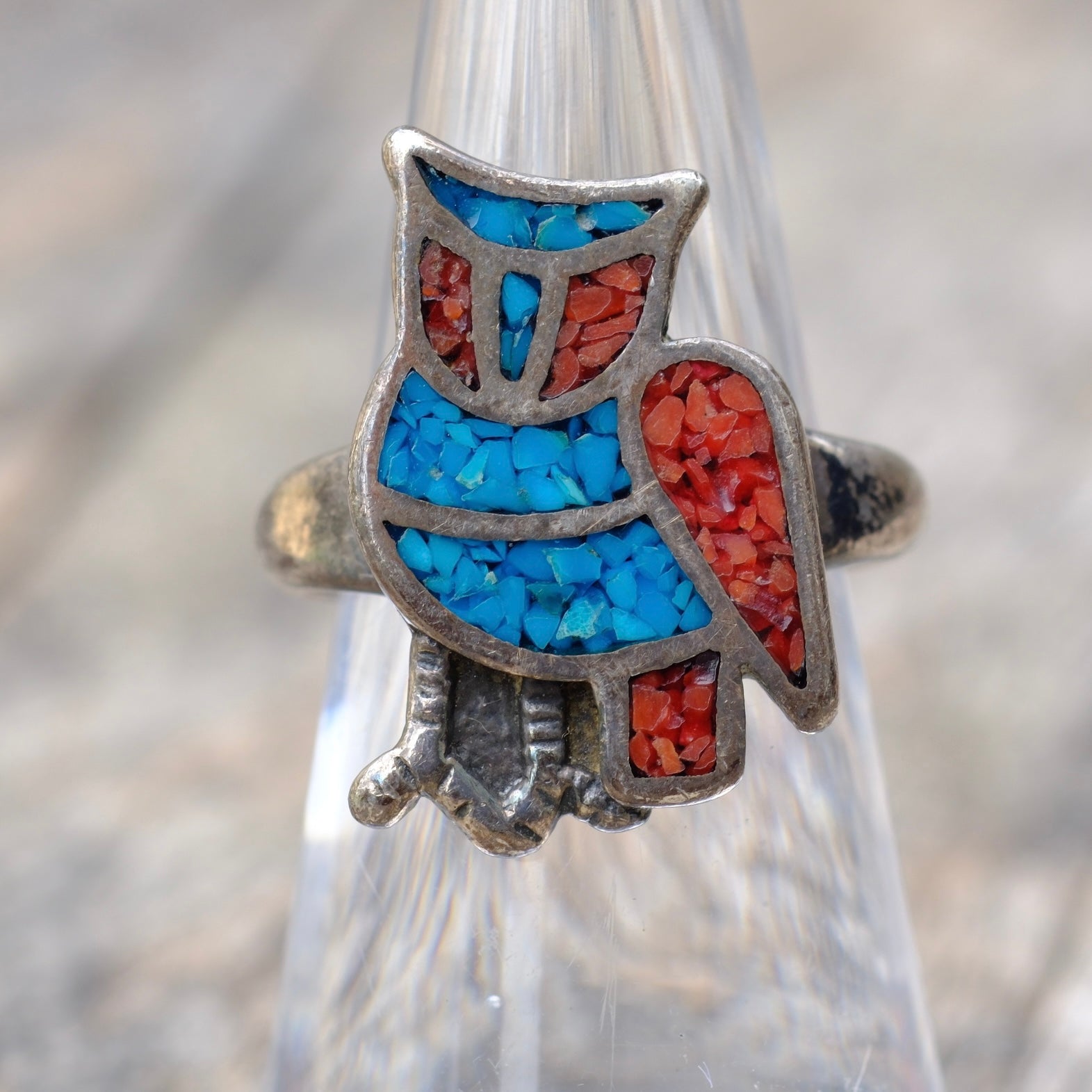 Vintage Sterling Turquoise and Coral Inlay Owl Ring 6