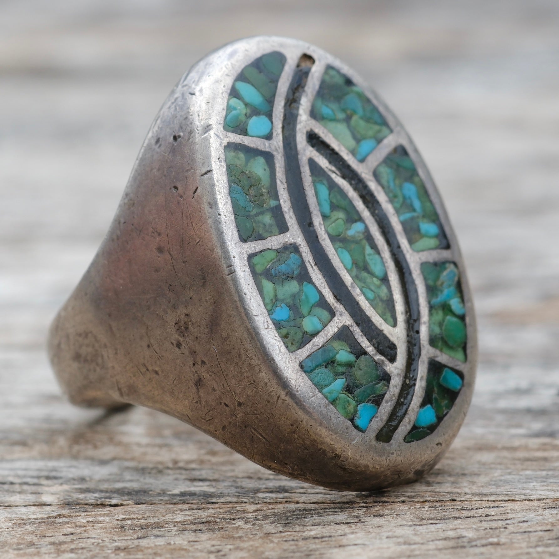 Vintage Sterling Crushed Turquoise Hummingbird Inlay Ring 9.25