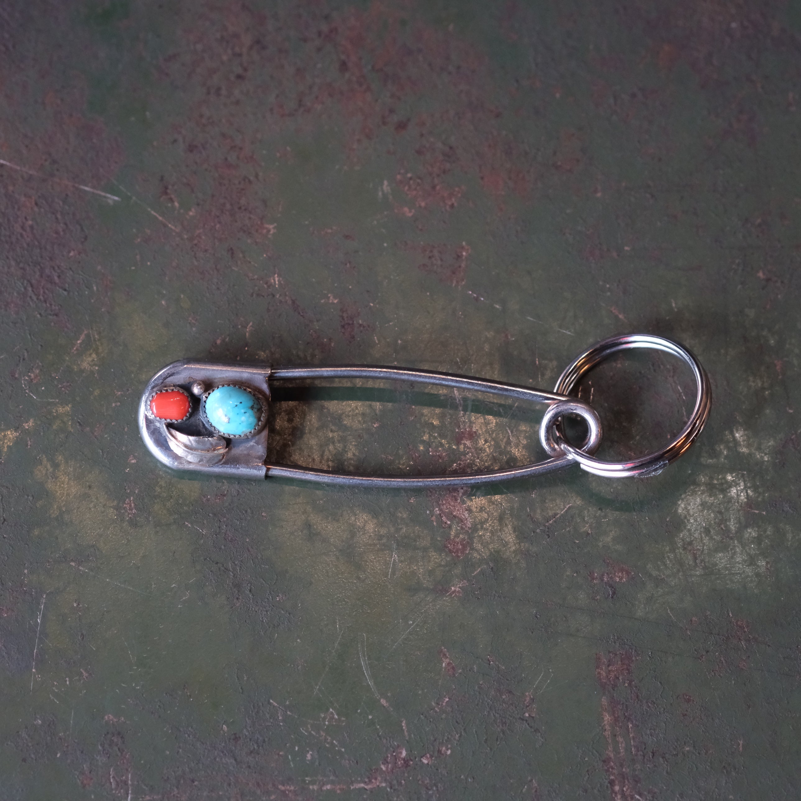 Vintage Turquoise and Coral Safety Pin Keychain 3"