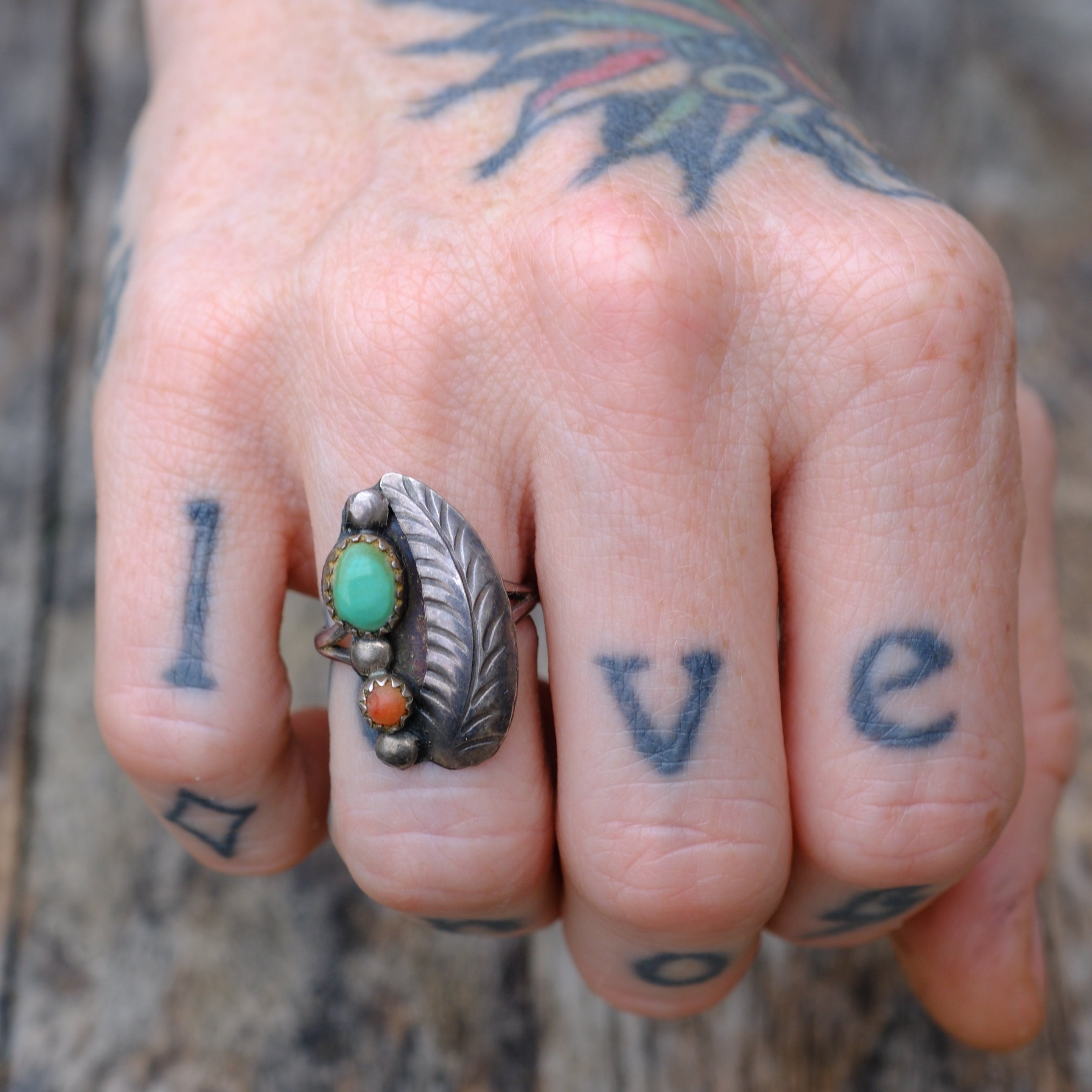 Vintage Sterling Turquoise and Coral Feather Ring 5.75