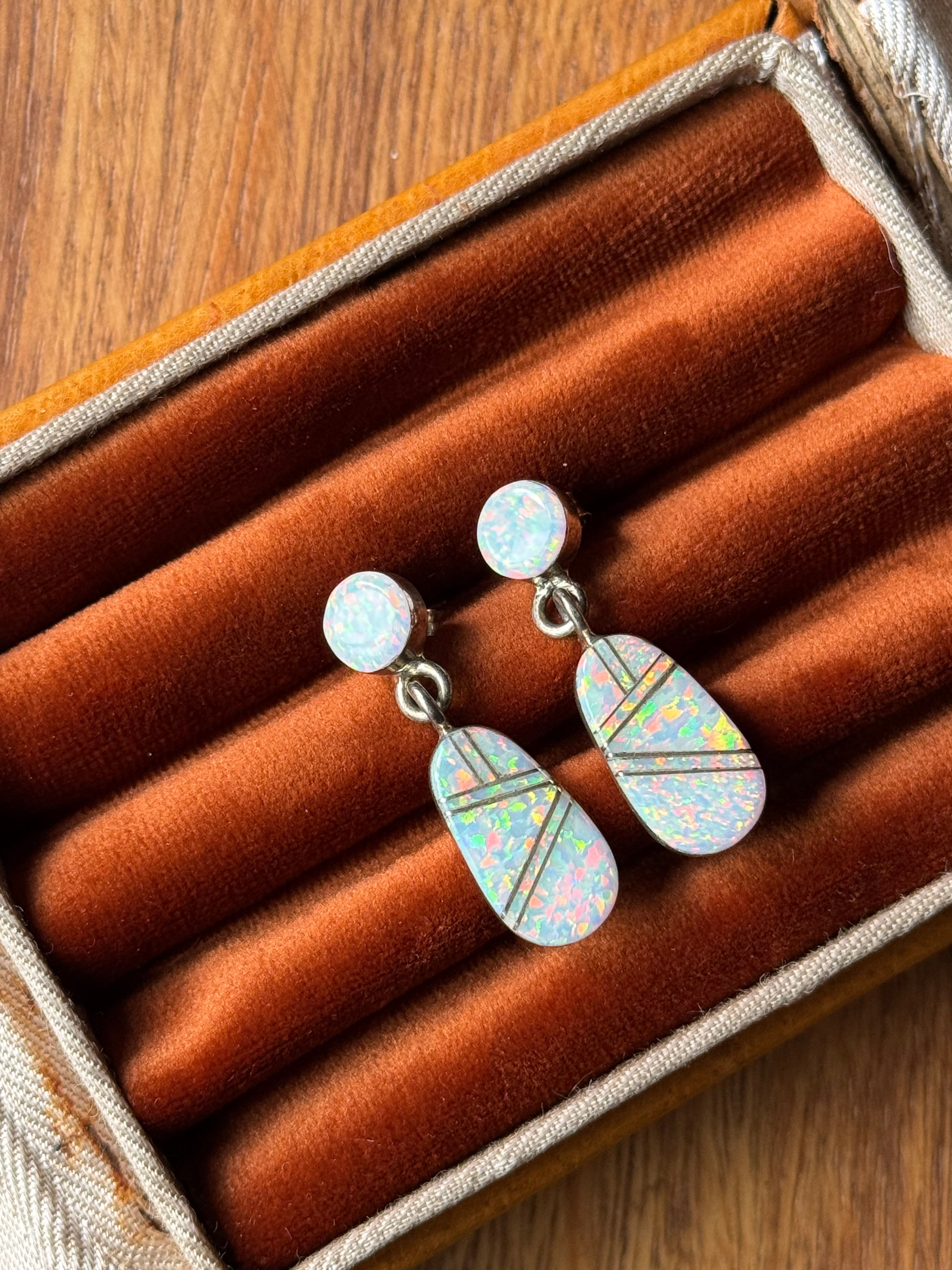 Vintage Sterling Silver Opalite Inlay Earrings