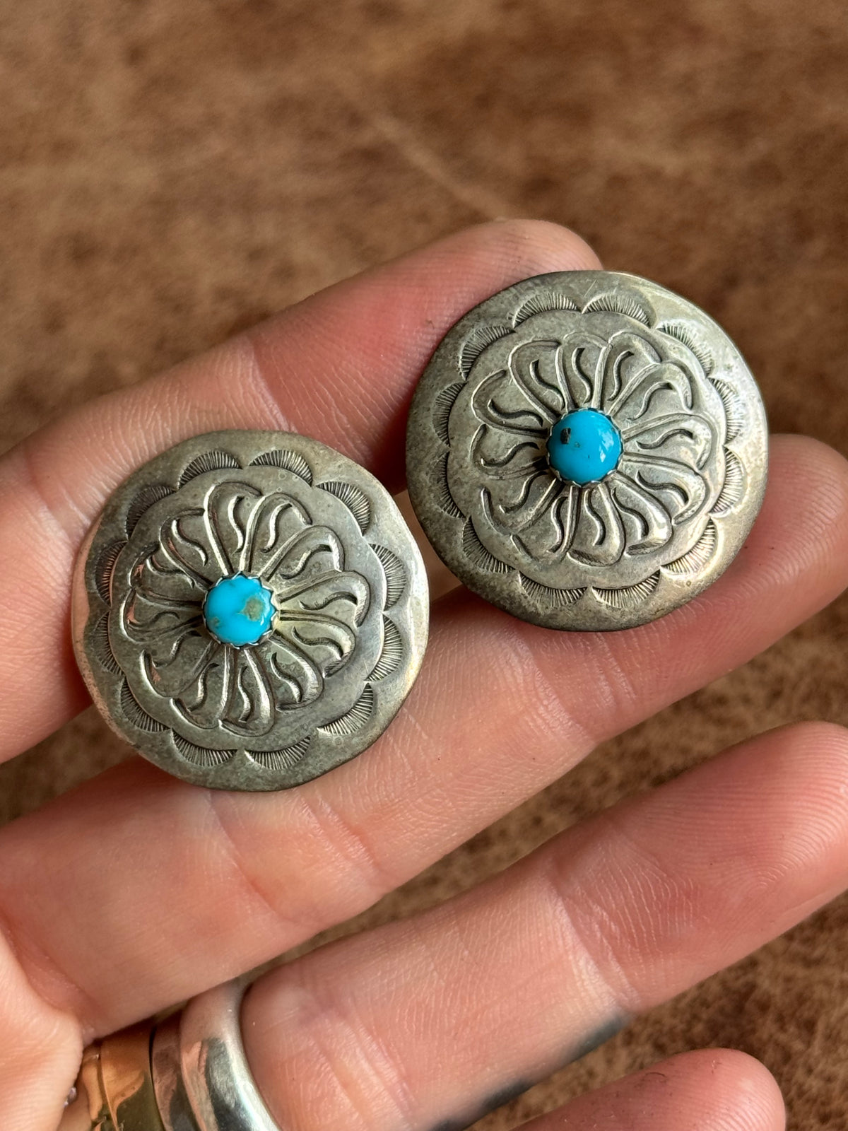 Vintage Sterling Silver Stamped Turquoise Concho Cufflinks