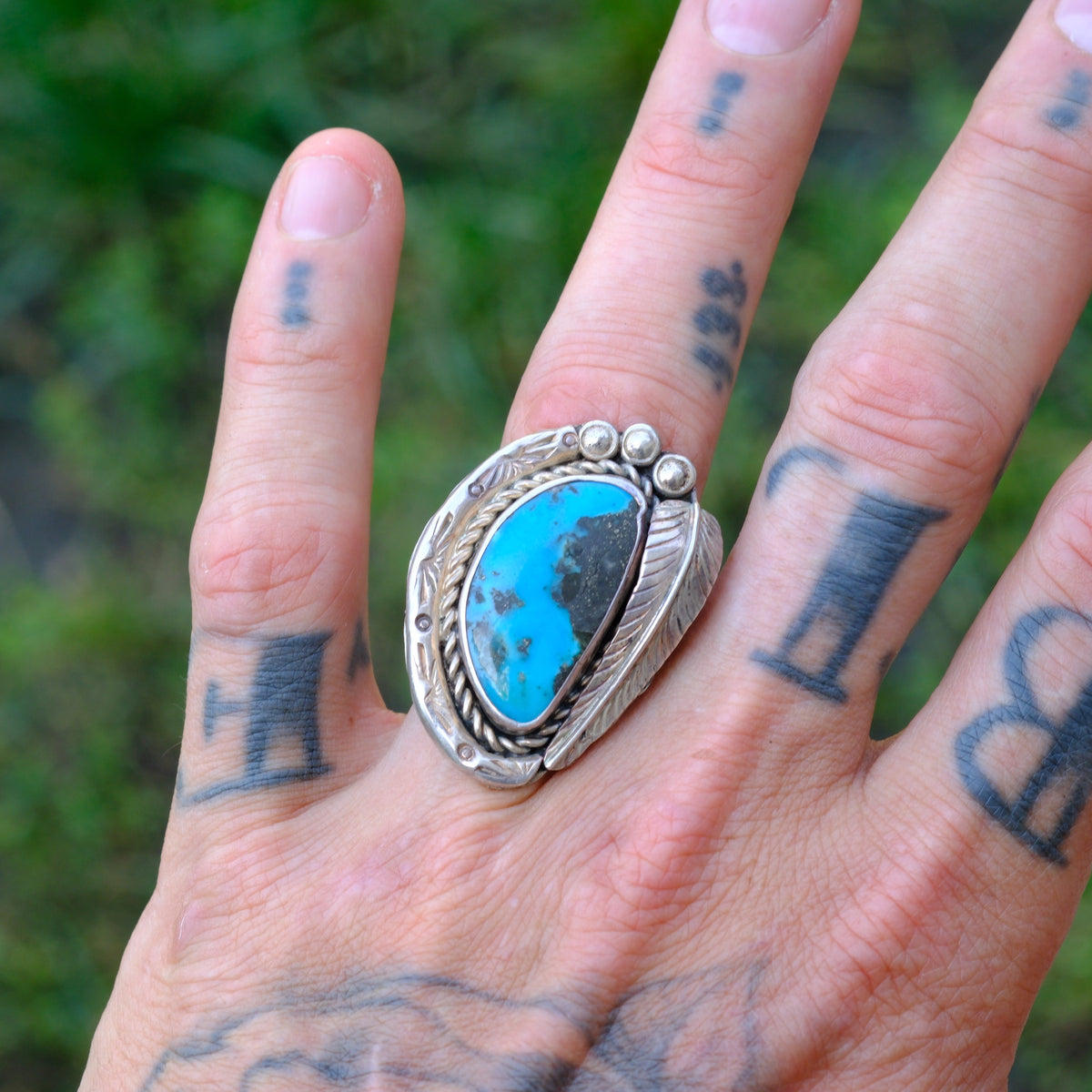 Vintage Sterling Turquoise Feather Ring 9.5