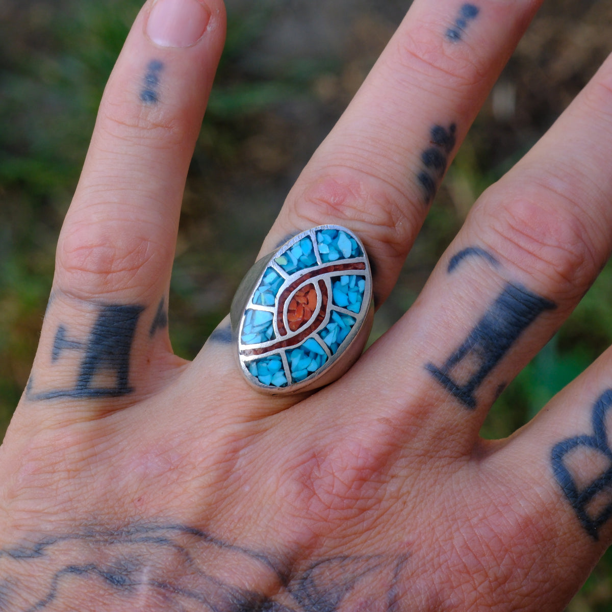 Vintage Sterling Turquoise and Coral Inlay Hummingbird Ring 8.5