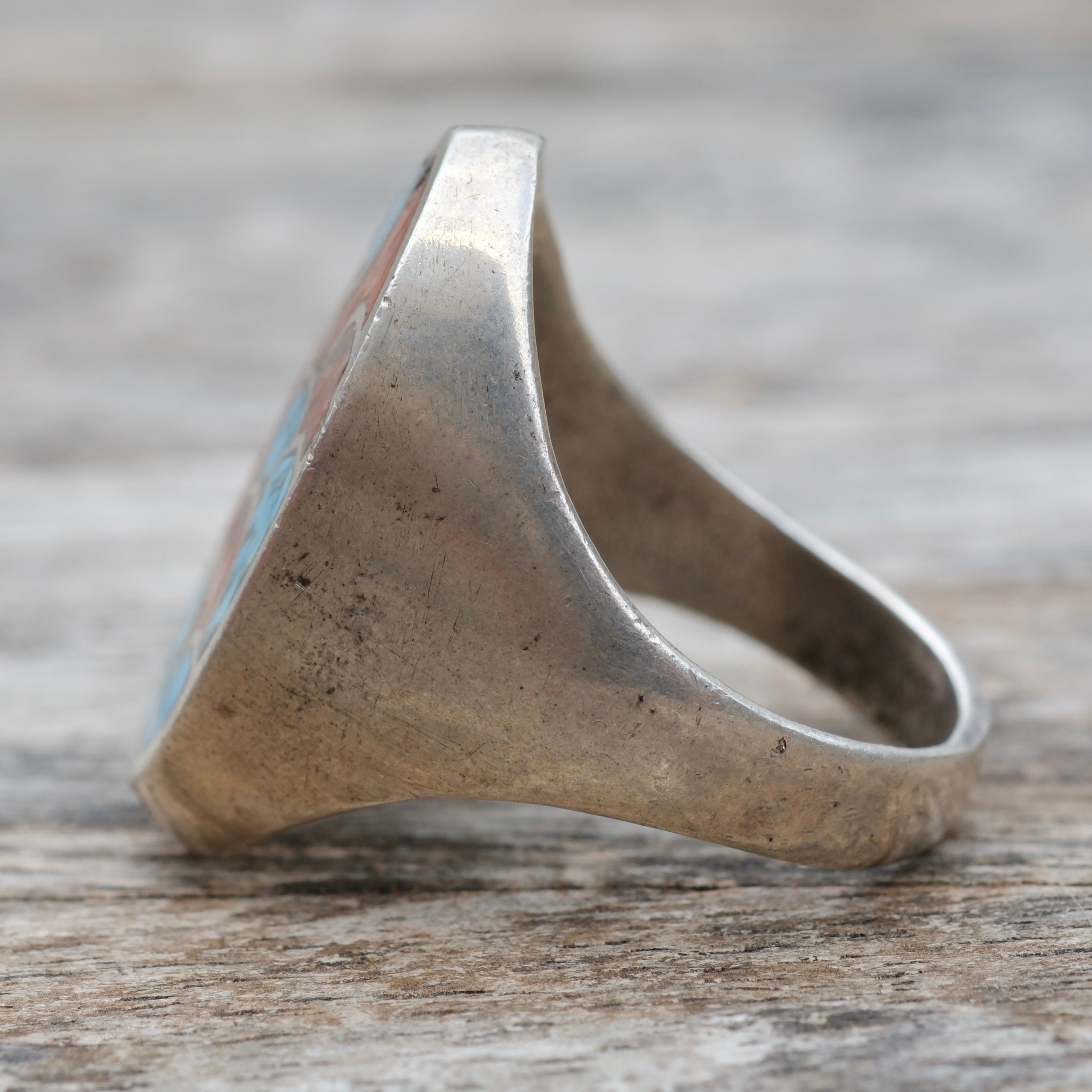 Vintage Sterling Crushed Turquoise and Coral Inlay Ring 11.5