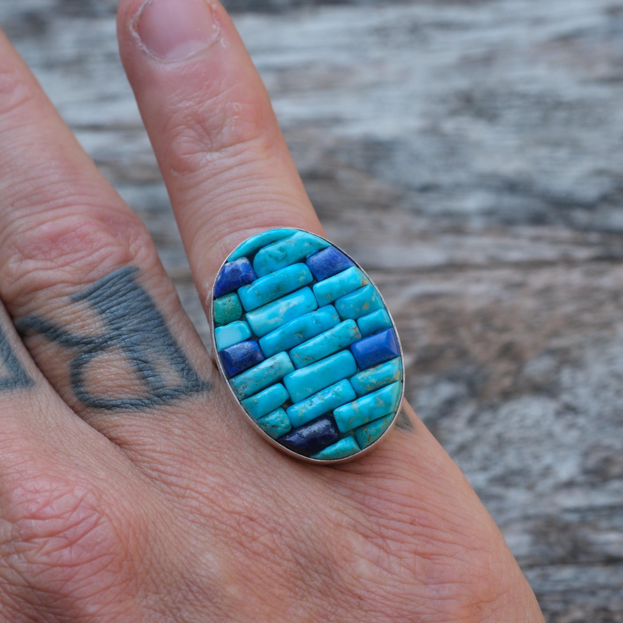 Vintage Sterling Turquoise Inlay Row Ring 8