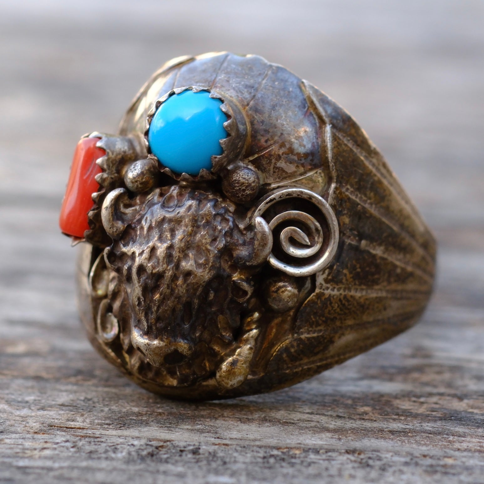 Vintage Sterling Turquoise and Coral Buffalo Ring 11.5