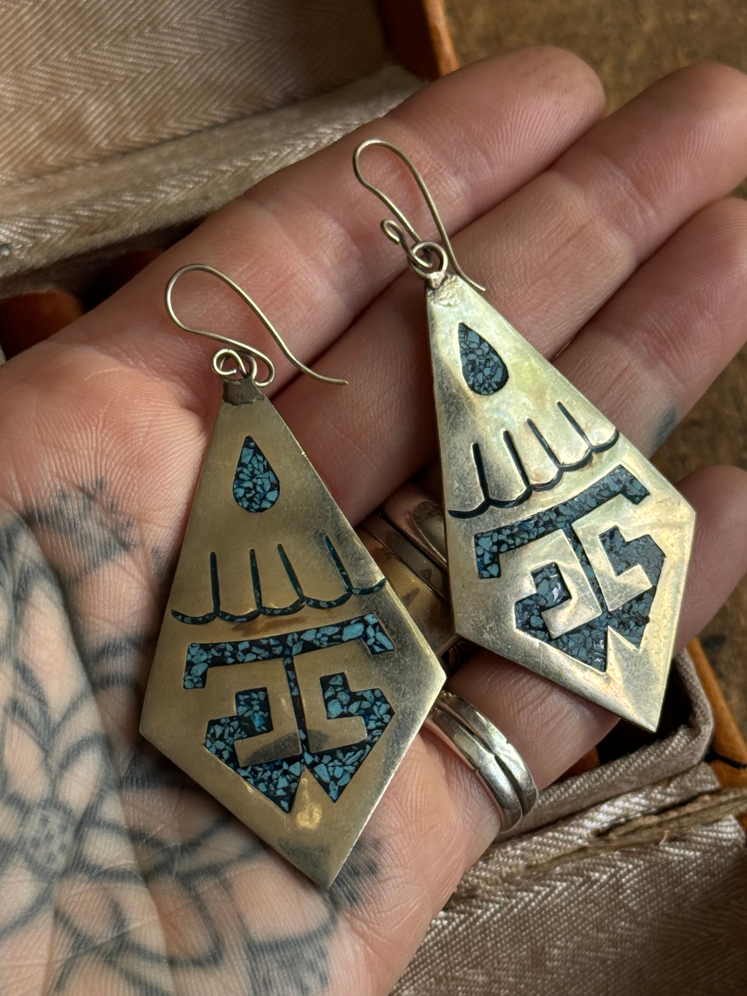 Vintage Alpaca Silver Turquoise Inlay Fan Earrings.