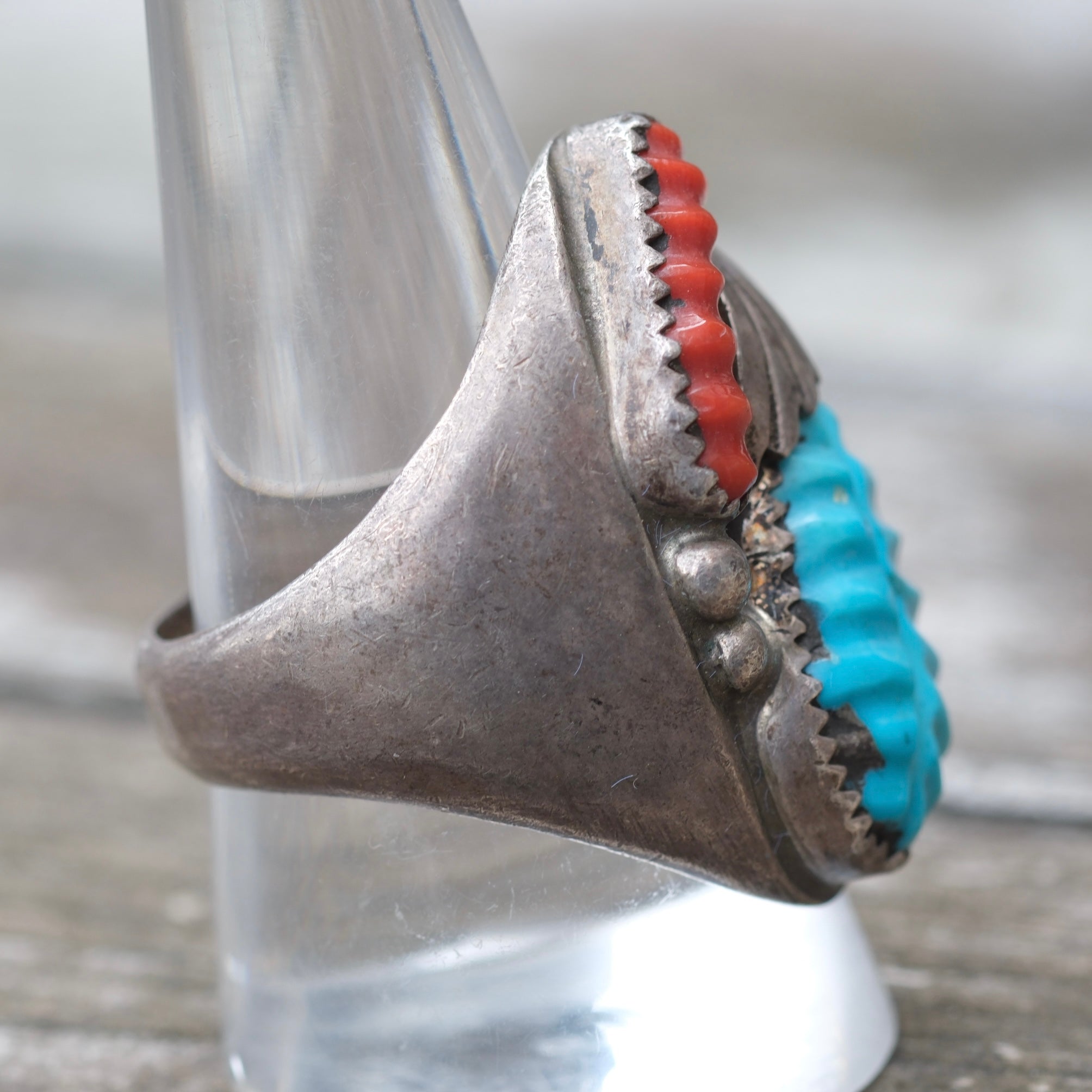 Vintage Sterling Faceted Turquoise and Coral Ring 11