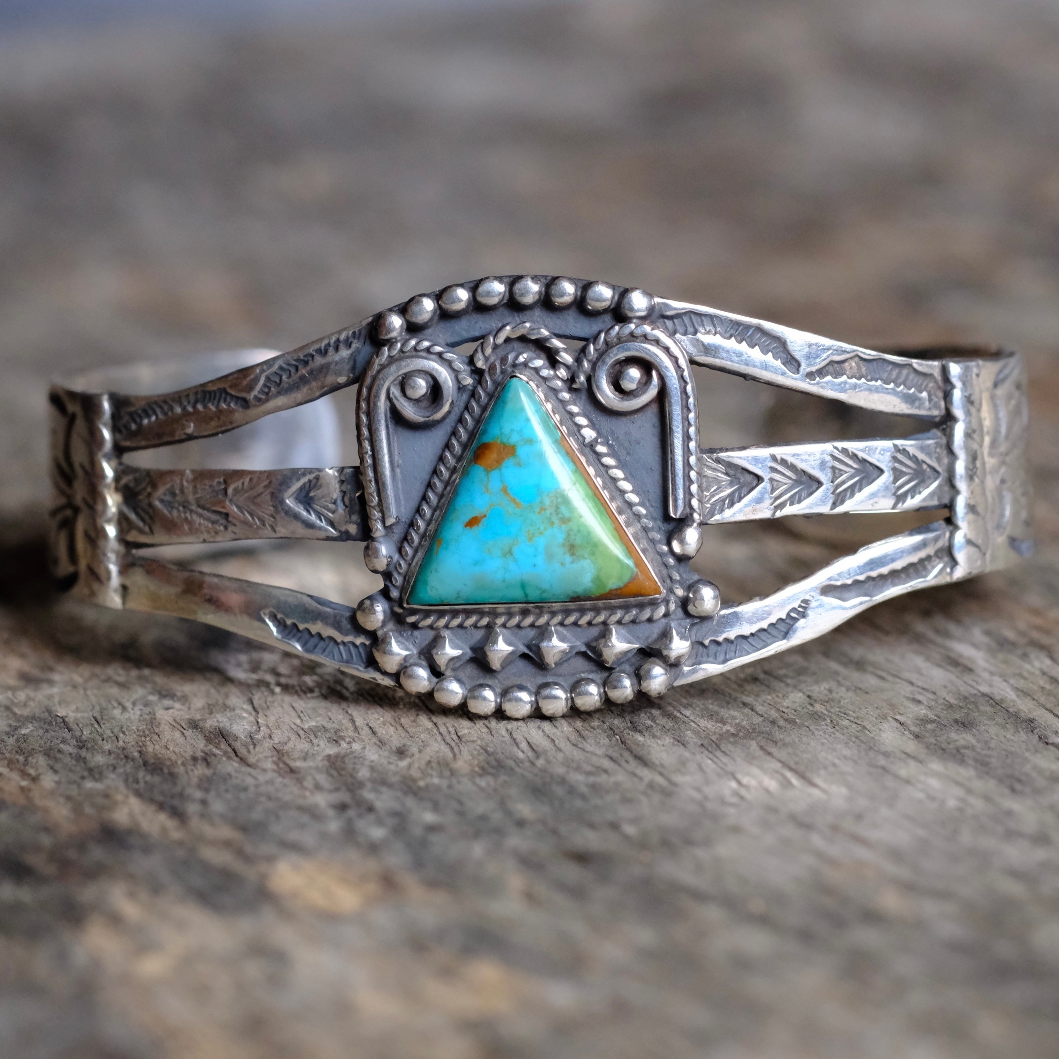 Vintage Fred Harvey Era Sterling Turquoise Stamped Cuff Bracelet