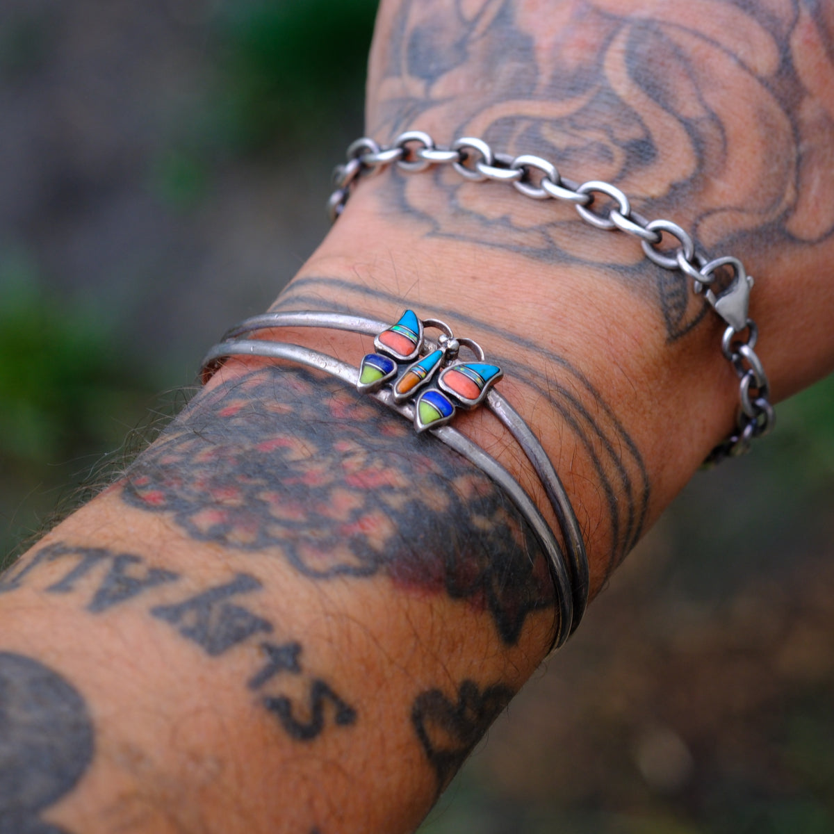Vintage Sterling Multistone Inlay Butterfly Cuff Bracelet