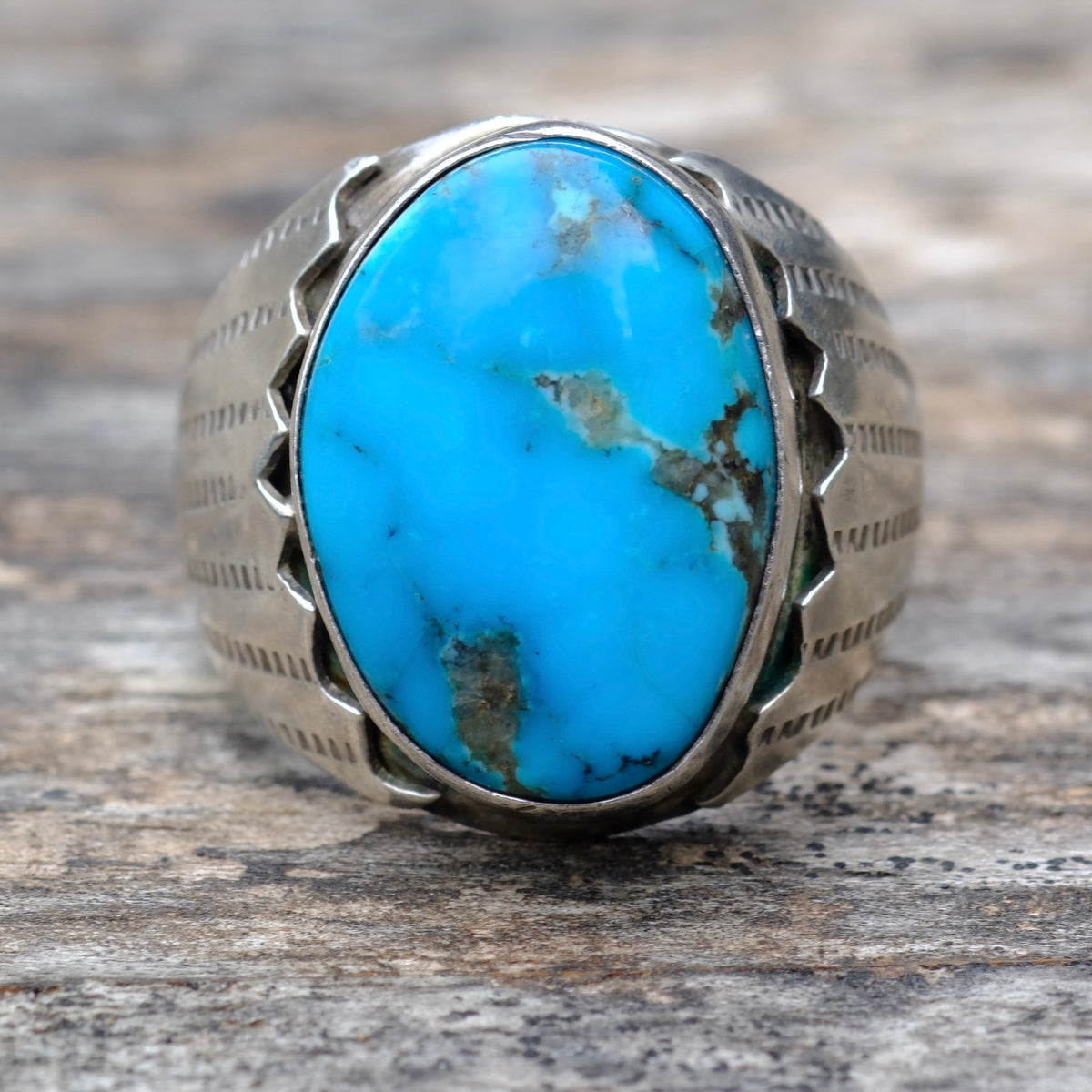 Vintage Sterling Turquoise Ribbed Band Ring 10