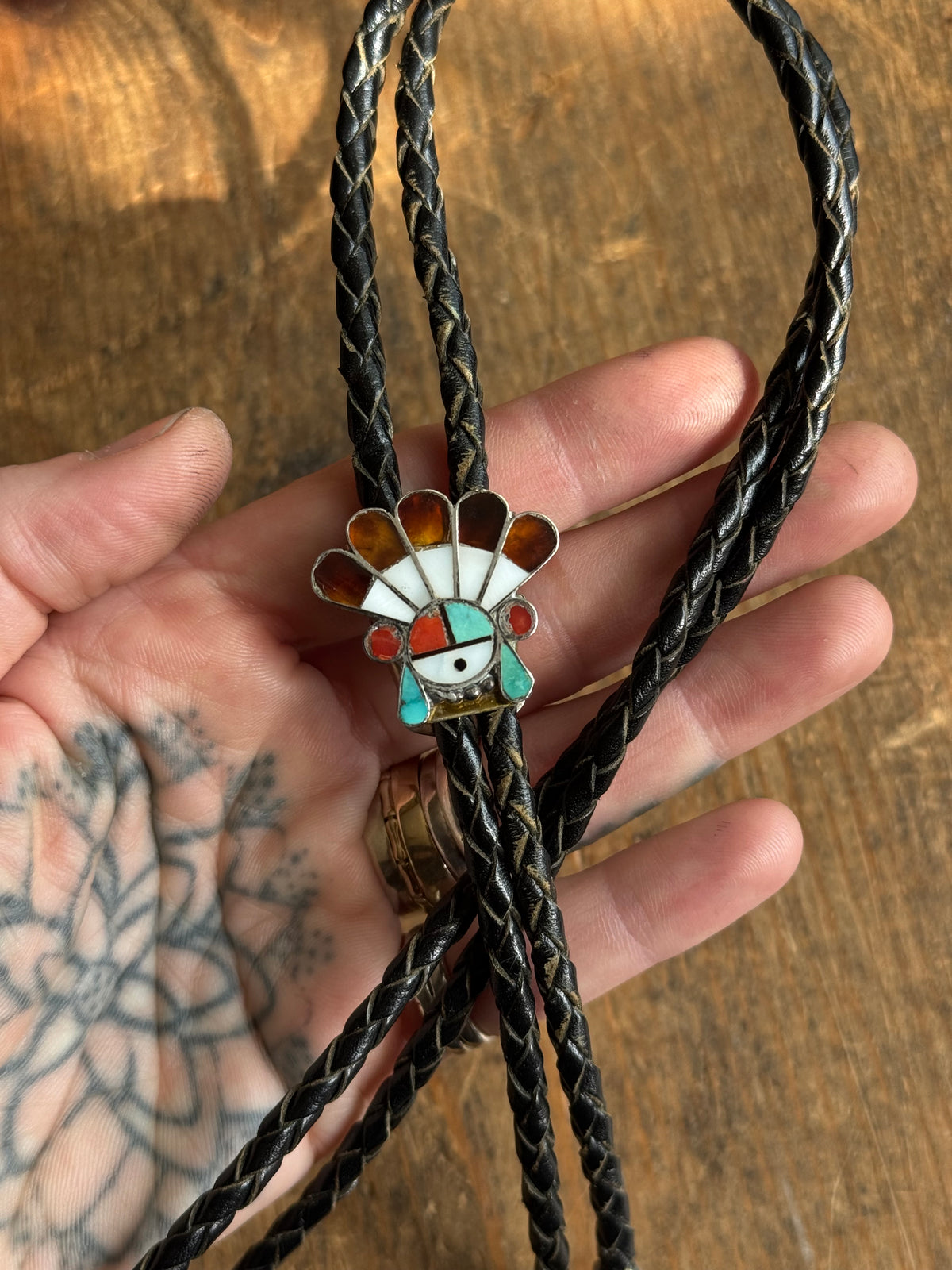 Vintage Sterling Silver Multistone Inly Sunface Warbonnet Bolo