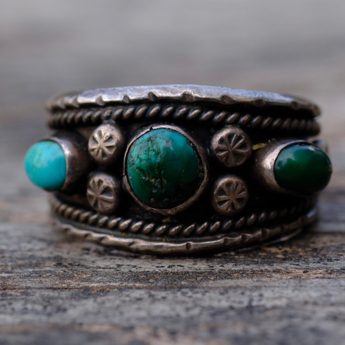 Vintage Sterling Chunky 3-Stone Turquoise Ring 11.75