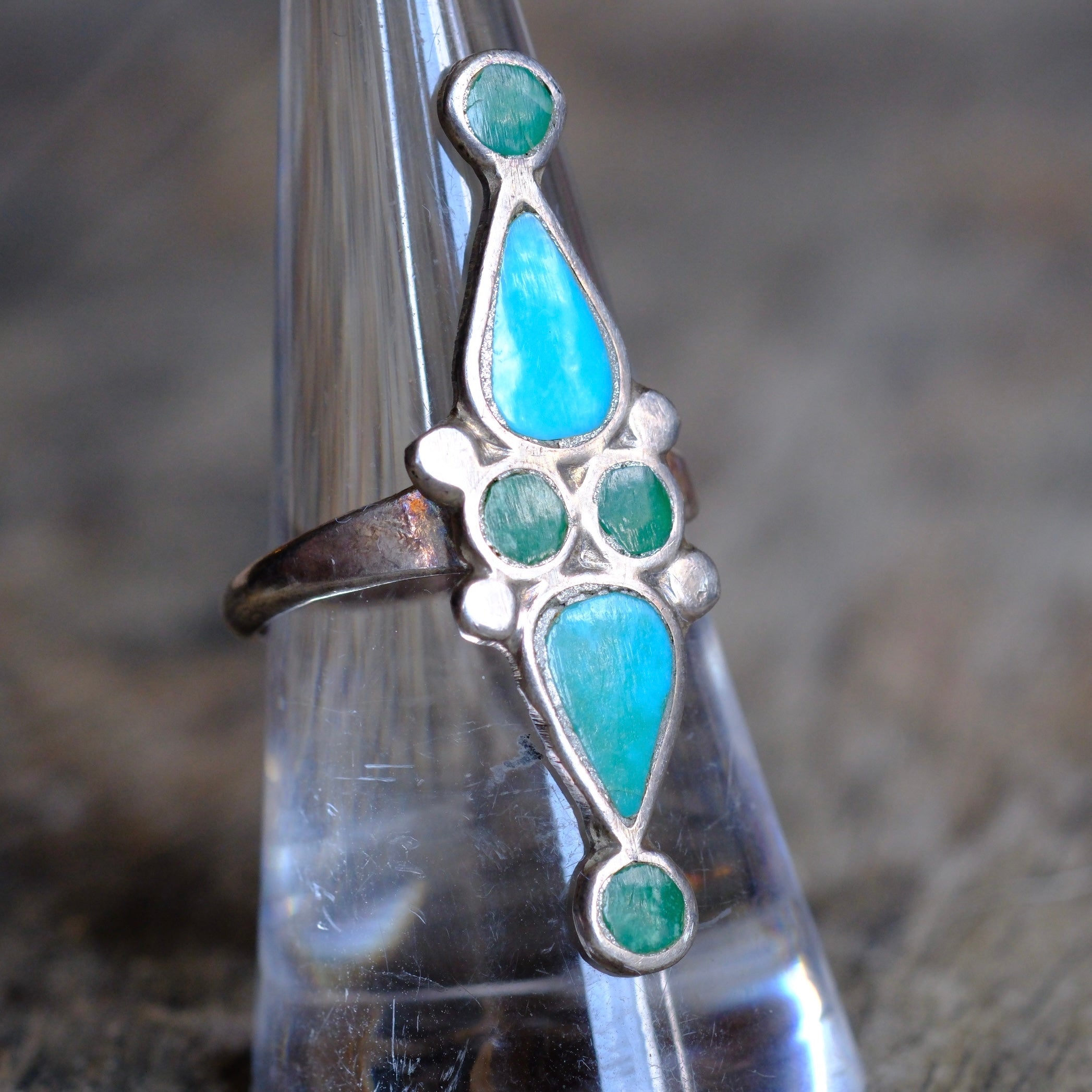 Vintage Sterling Zuni Inlay Turquoise Ring 7.75