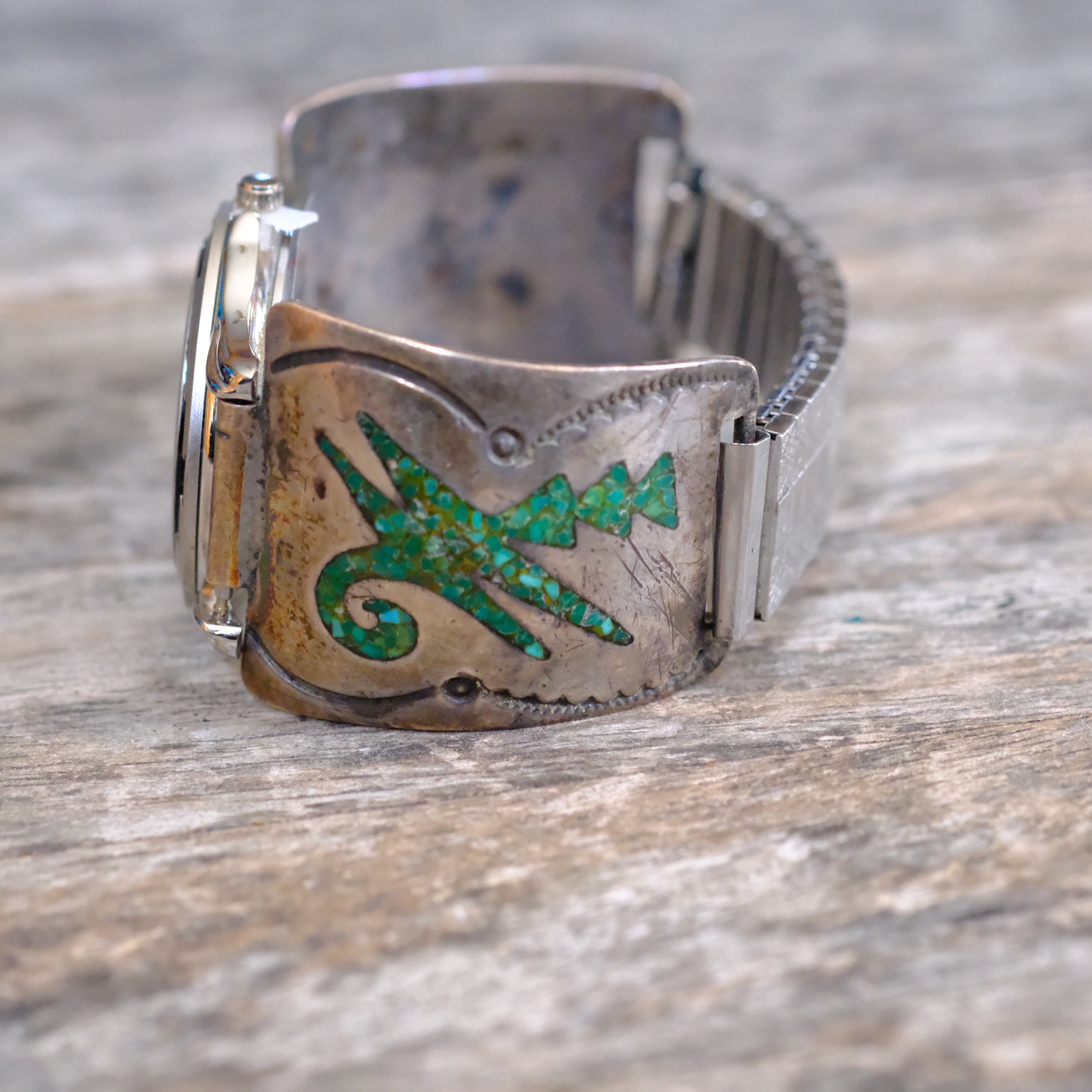 Vintage Sterling Crushed Turquoise Inlay Watch With Turquoise Dial