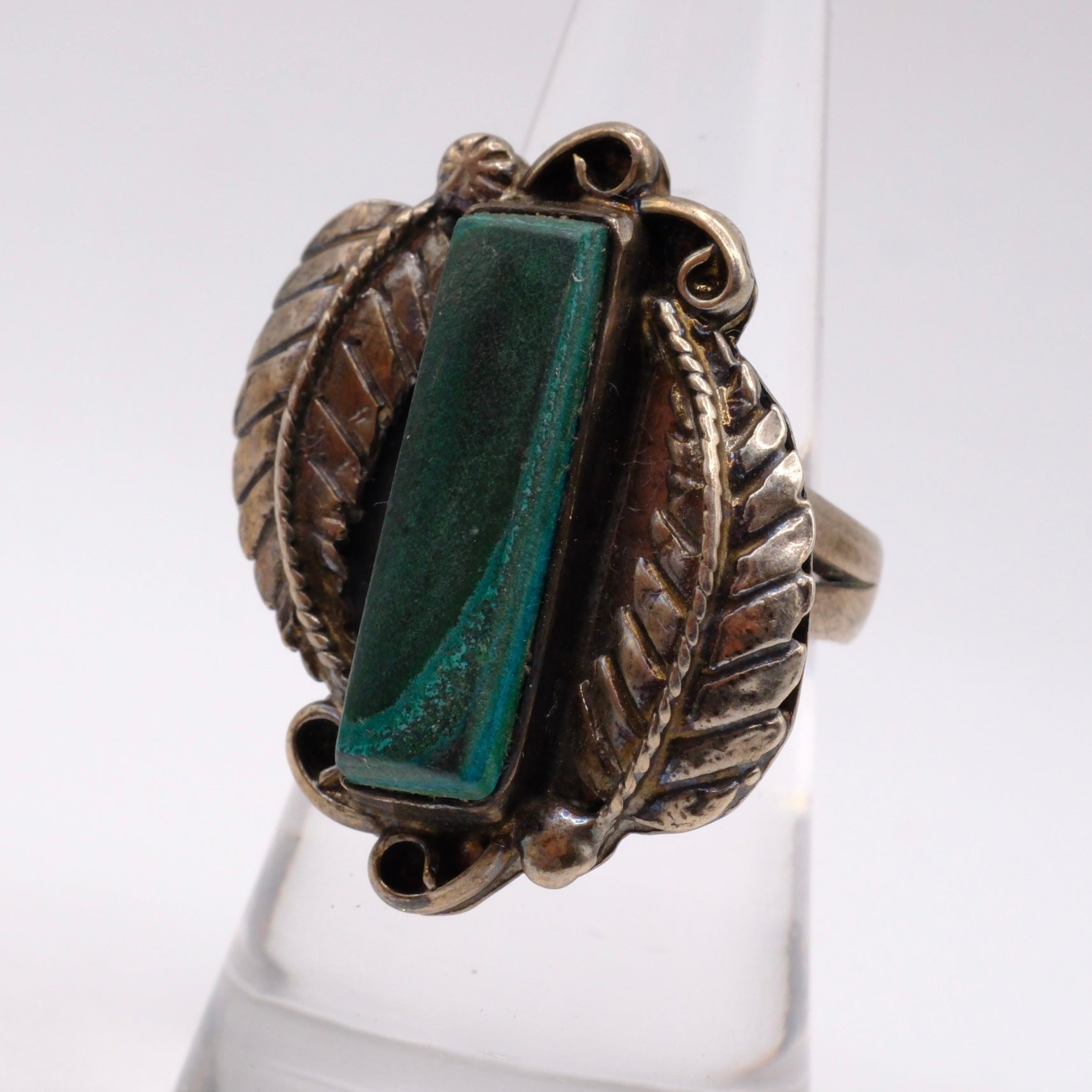 Vintage Sterling Malachite Feather Ring 6.75