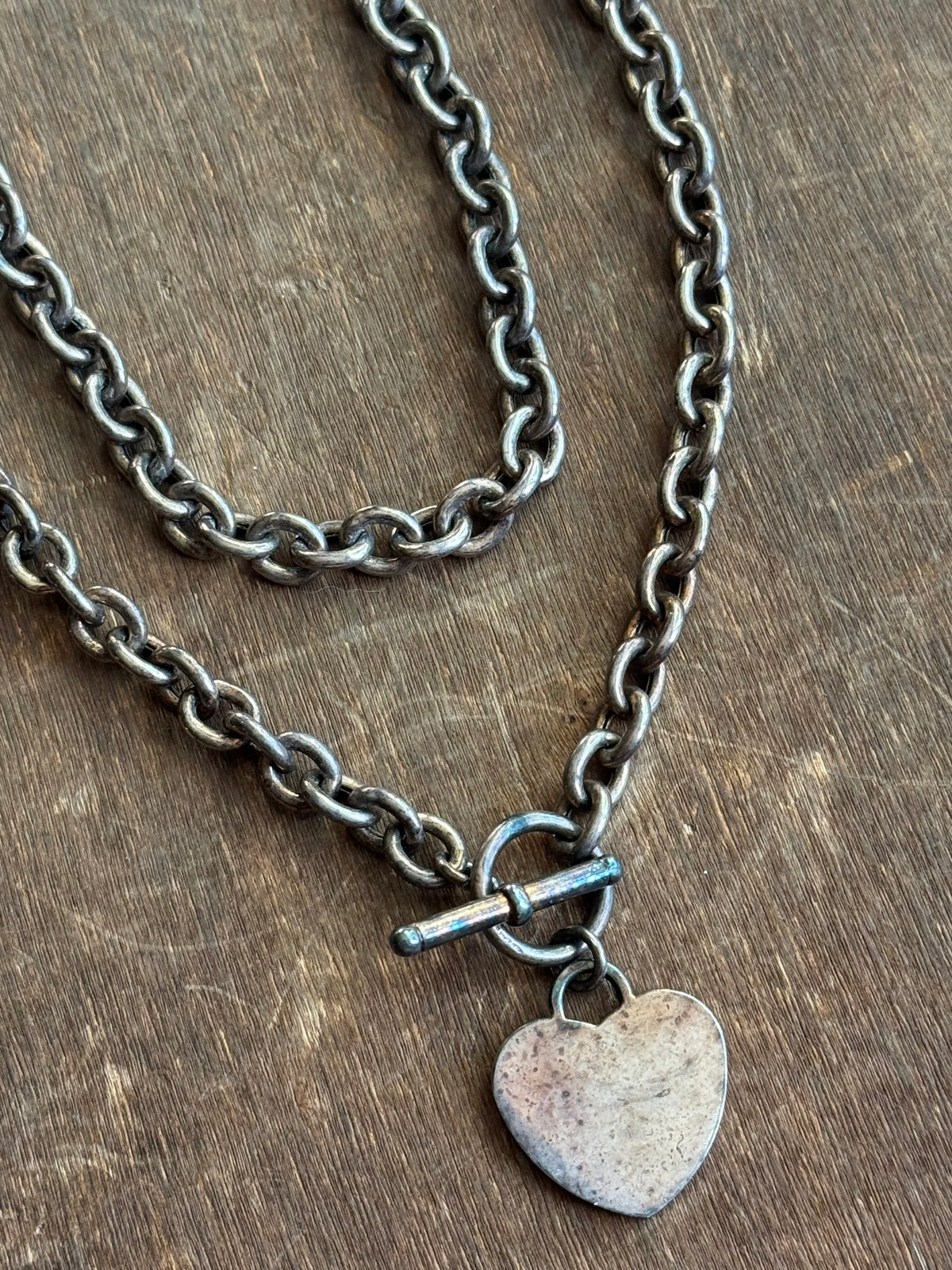 Vintage Sterling Silver 17.5” Curb Link Heart Toggle Chain Necklace