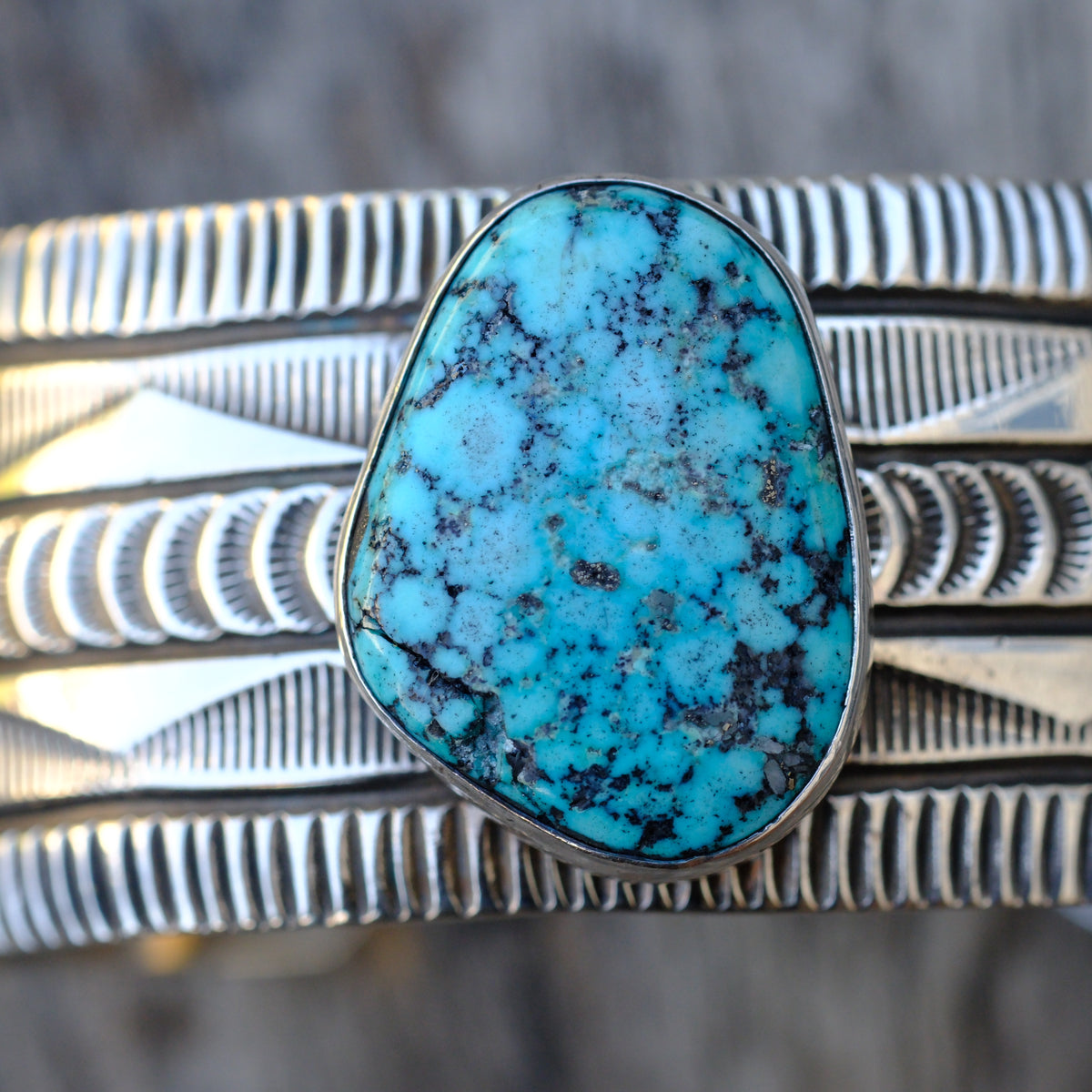 Alex Sanchez Sterling Silver Stamped Kingman Turquoise Cuff Bracelet
