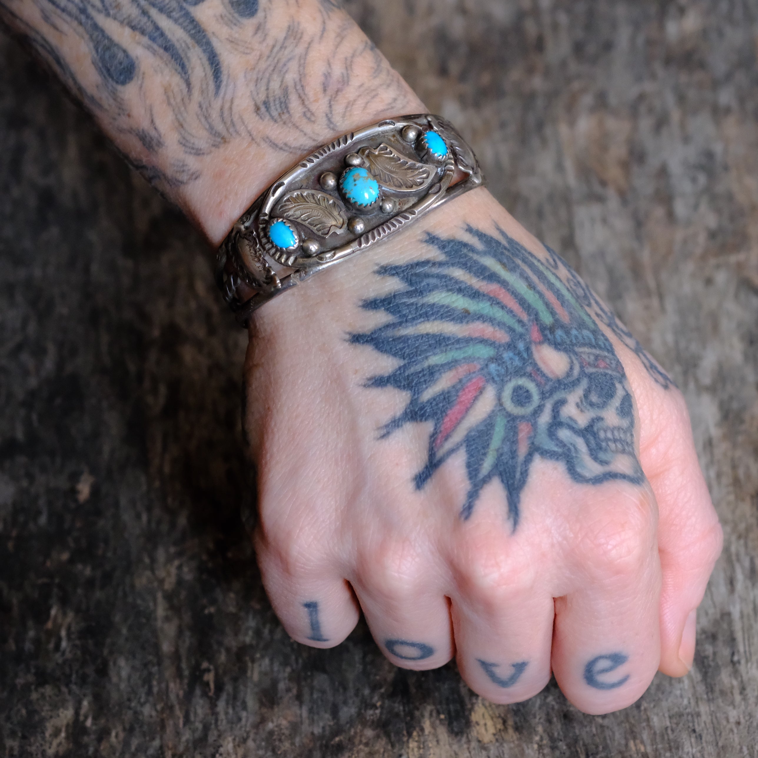 Vintage Sterling 3-Stone Turquoise Feather Cuff Bracelet