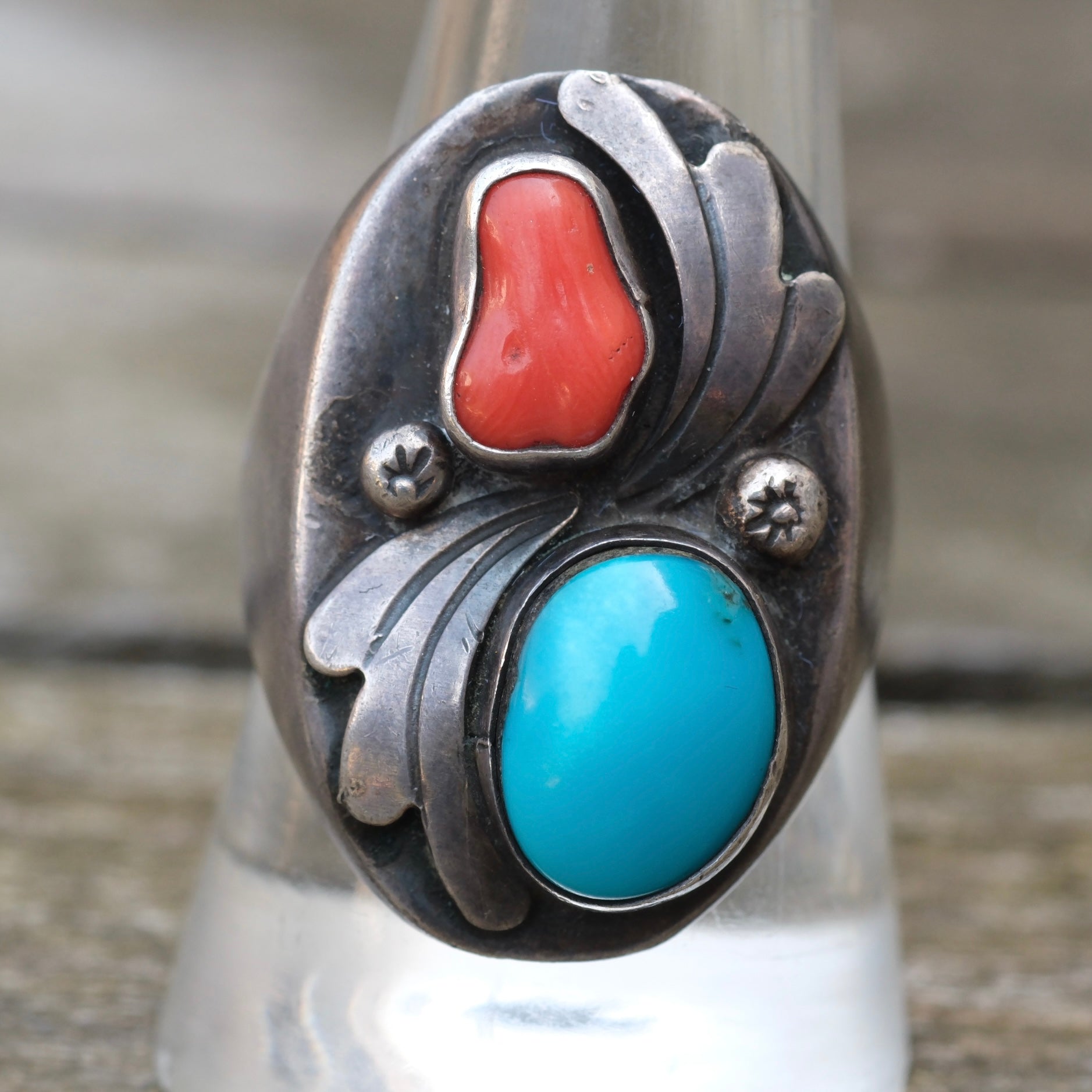 Vintage Sterling Turquoise and Coral Ring 10