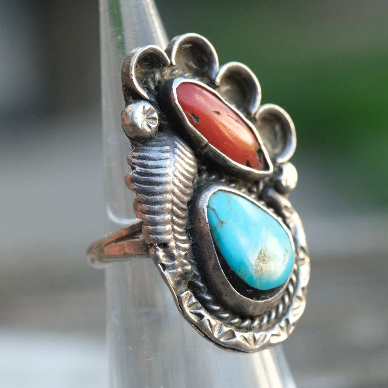 Vintage Sterling Turquoise and Coral Feather Ring 2.5
