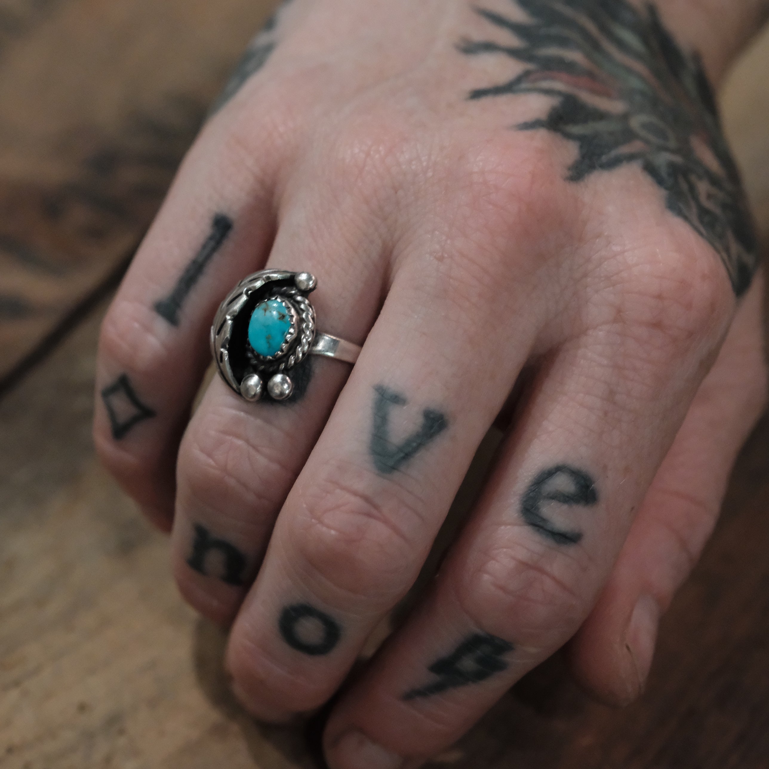 Vintage Sterling Turquoise Feather Ring 5.5