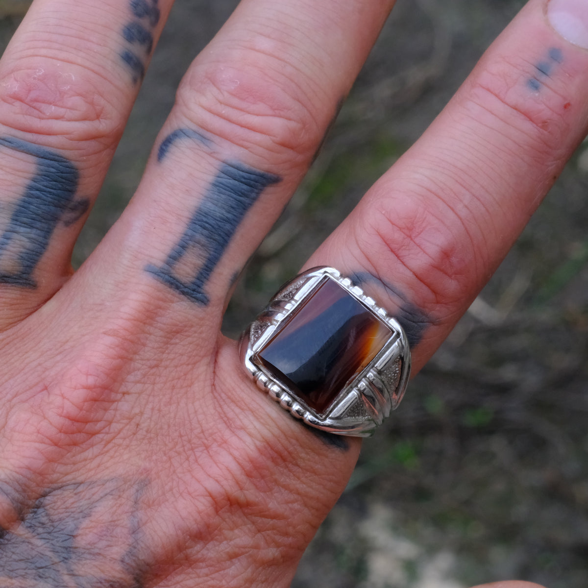 Vintage Sterling Agate Signet Ring 10