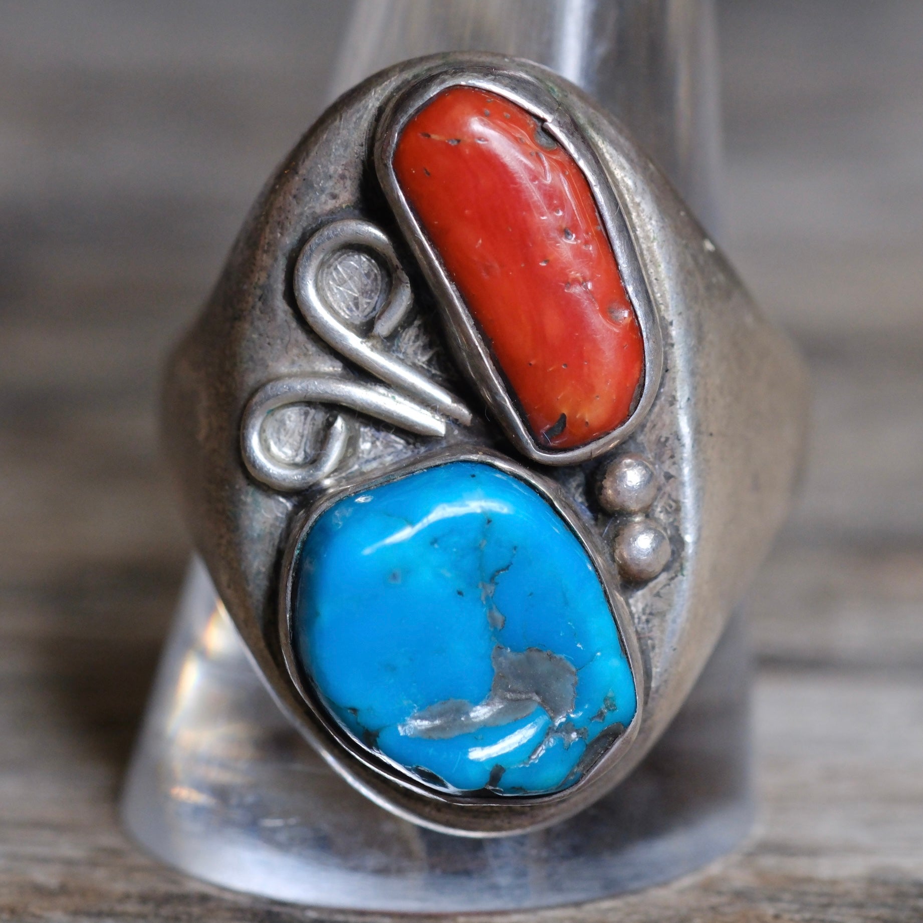 Vintage Sterling Turquoise and Coral Ring 11.5
