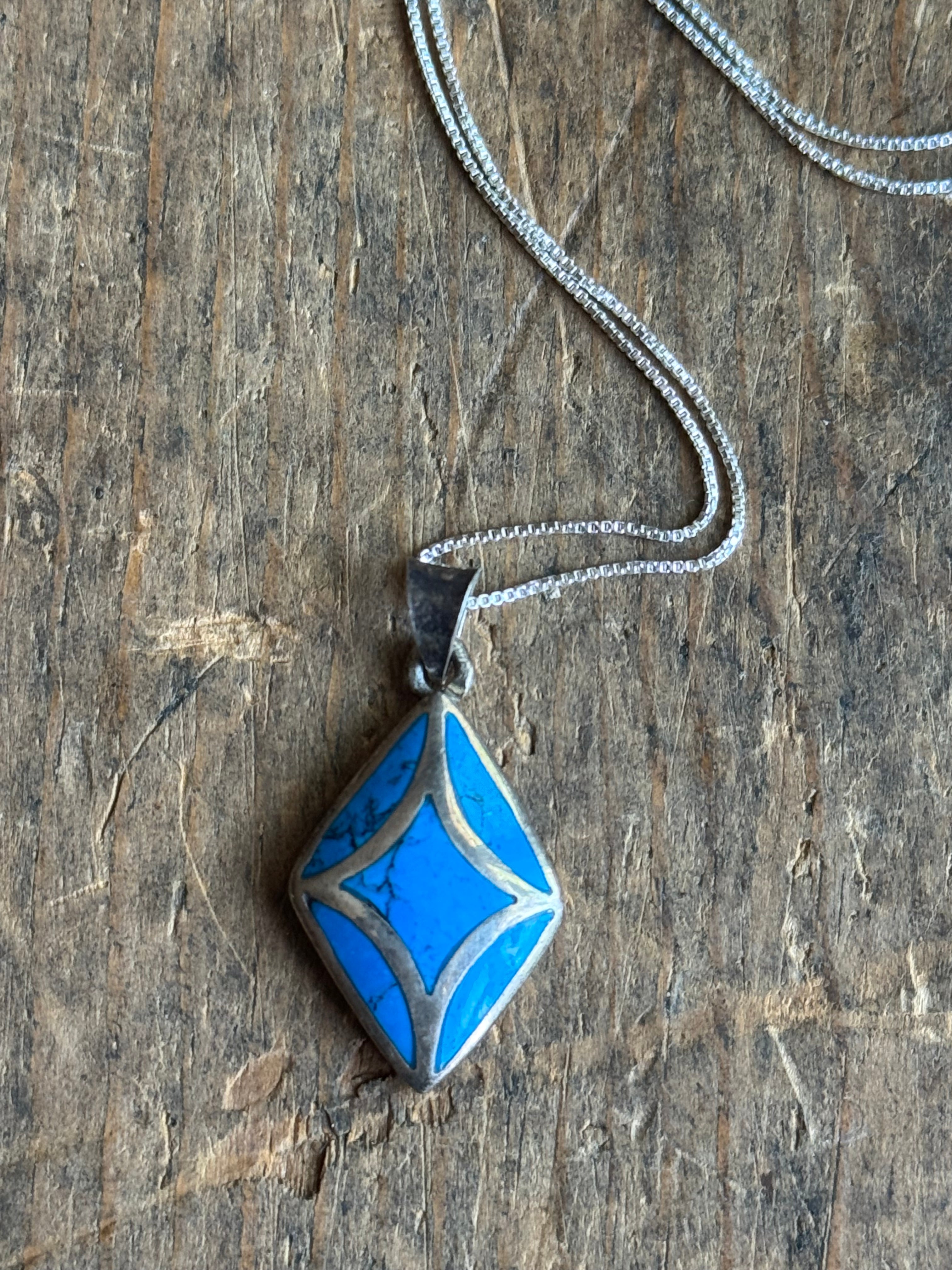 Vintage Sterling Silver Turquoise Inlay Diamond Necklace