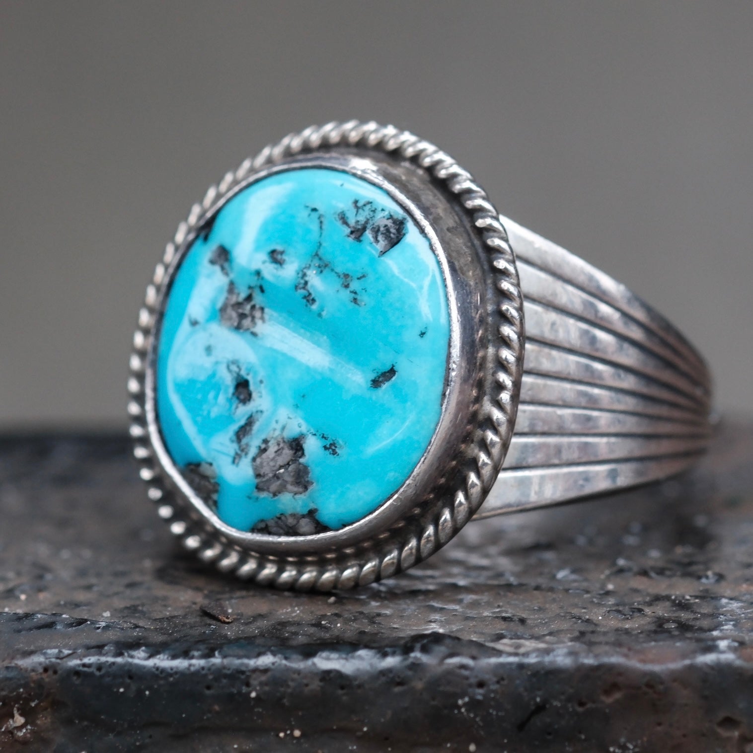 Vintage Sterling Turquoise Ribbed Band Ring 9.25