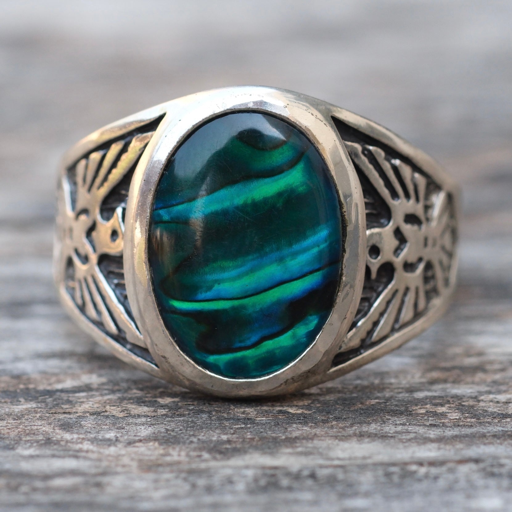 Vintage Sterling Abalone Thunderbird Ring 15.75