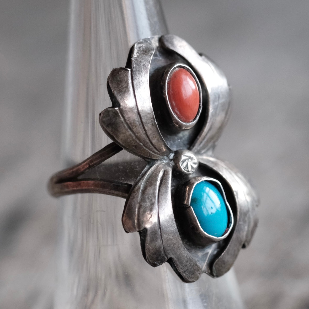 Vintage Sterling Turquoise and Coral Feather Ring 6.75