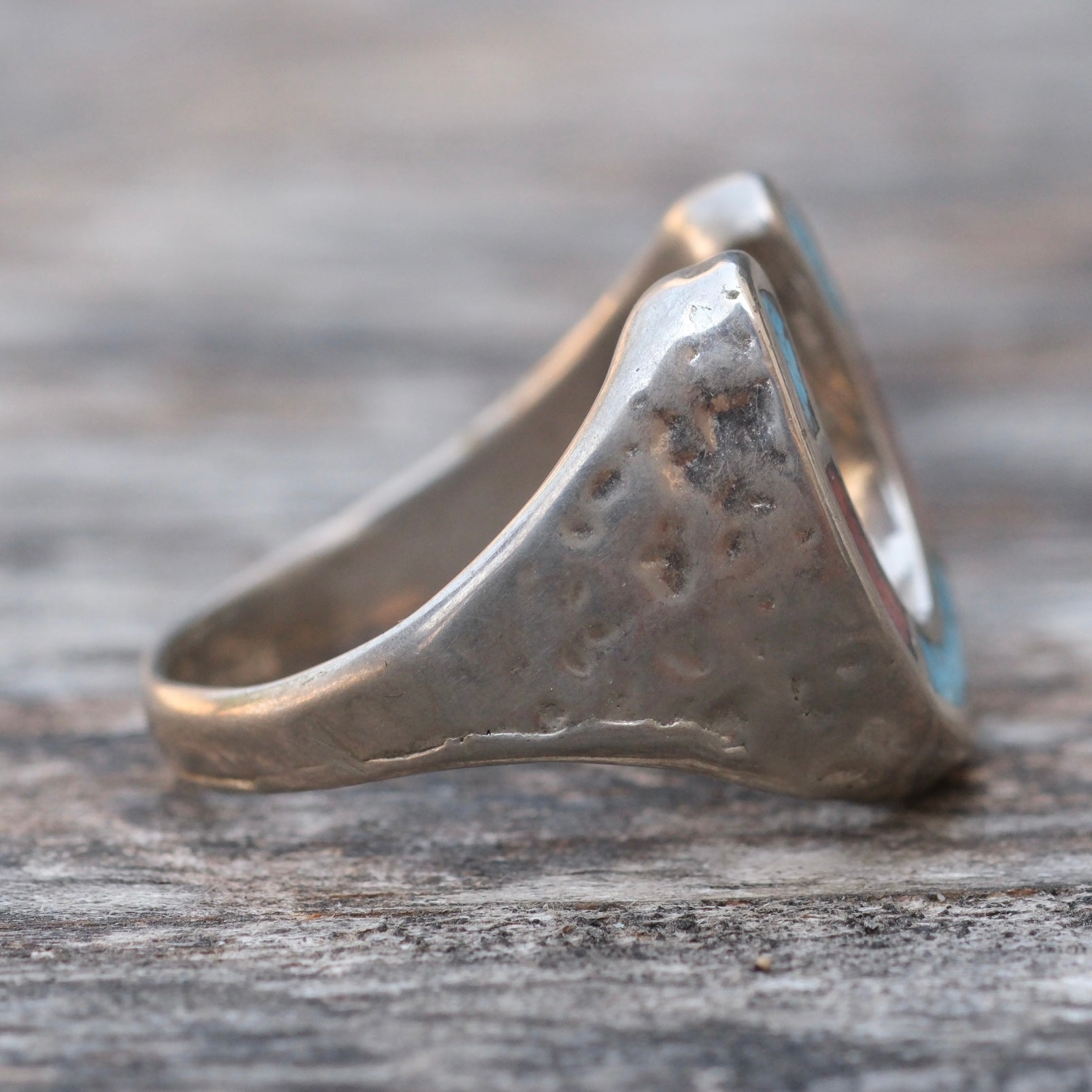 Vintage Sterling Silver Plated Turquoise and Coral Inlay Lucky Horseshoe Ring 8.5