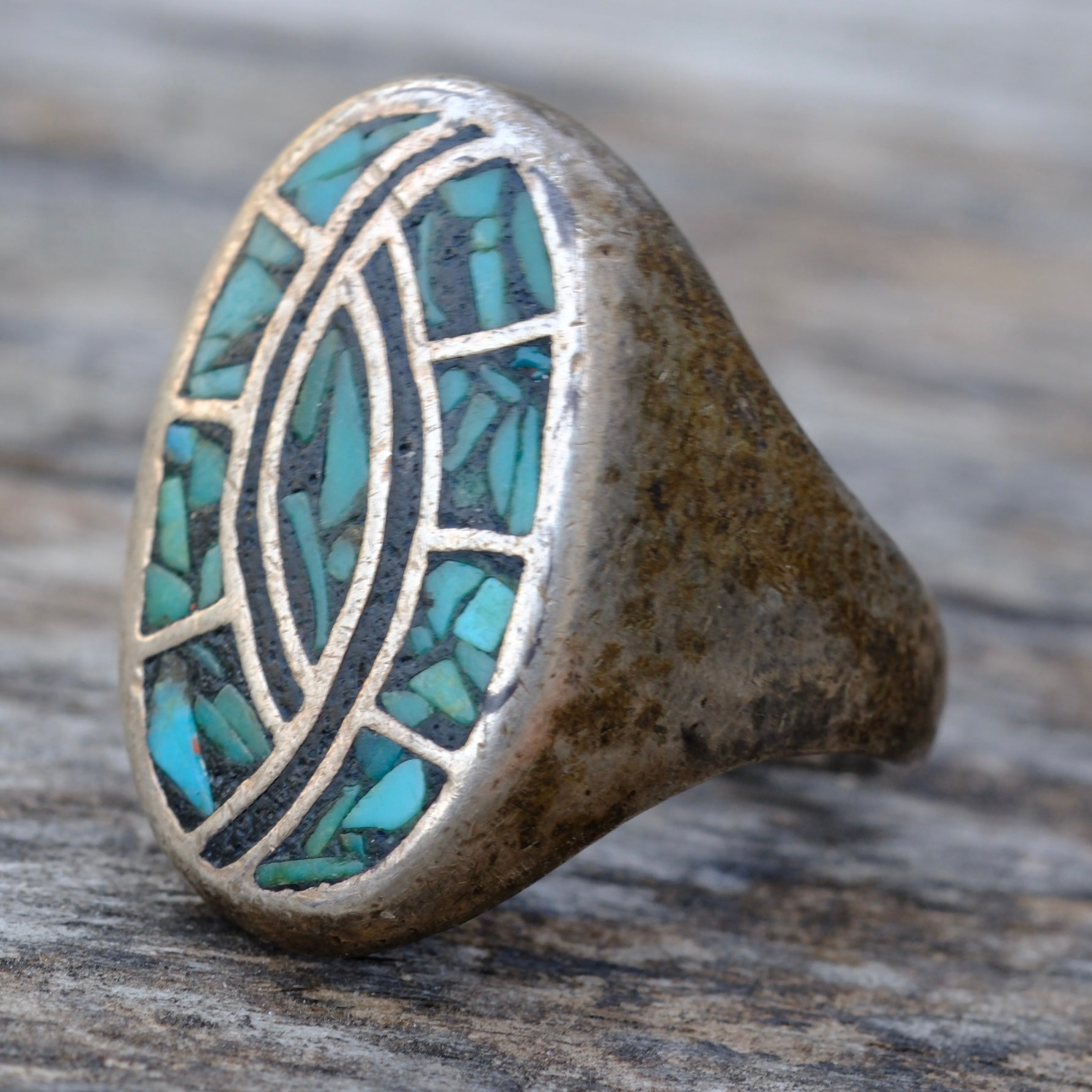 Vintage Sterling Turquoise Chip Inlay Hummingbird Ring 10.5