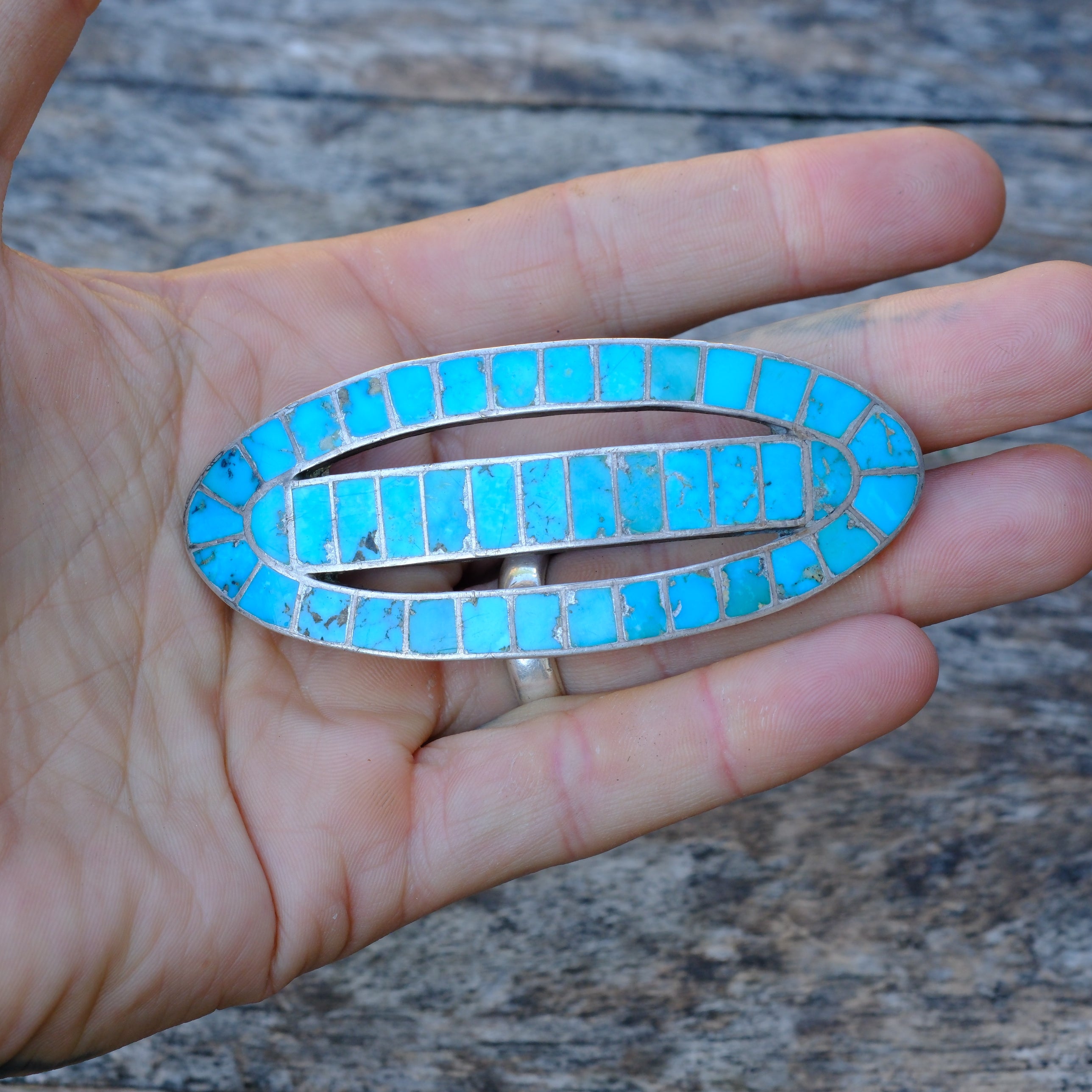 Vintage Sterling Gem Turquoise Inlay Belt Buckle
