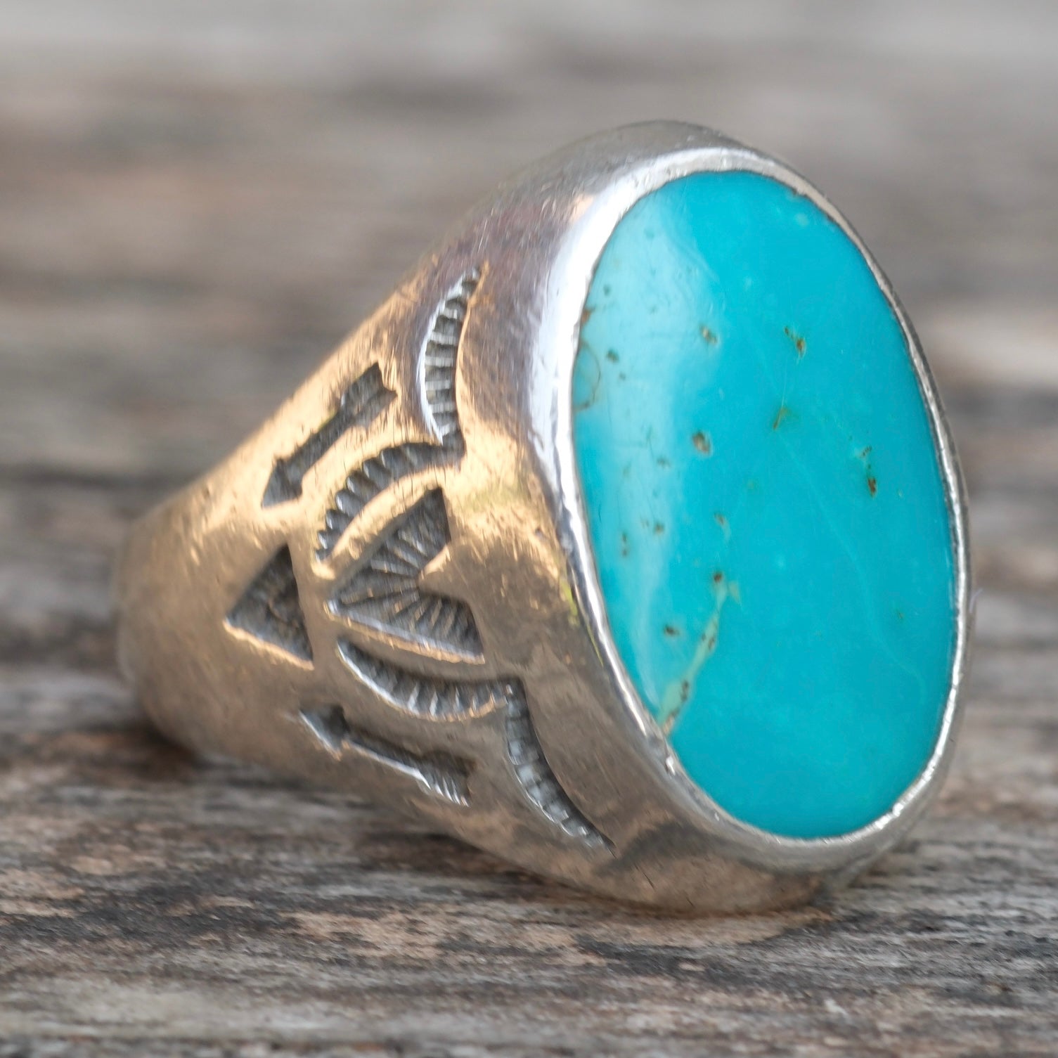 Vintage Sterling Turquoise Bells Trading Post Ring 10.75