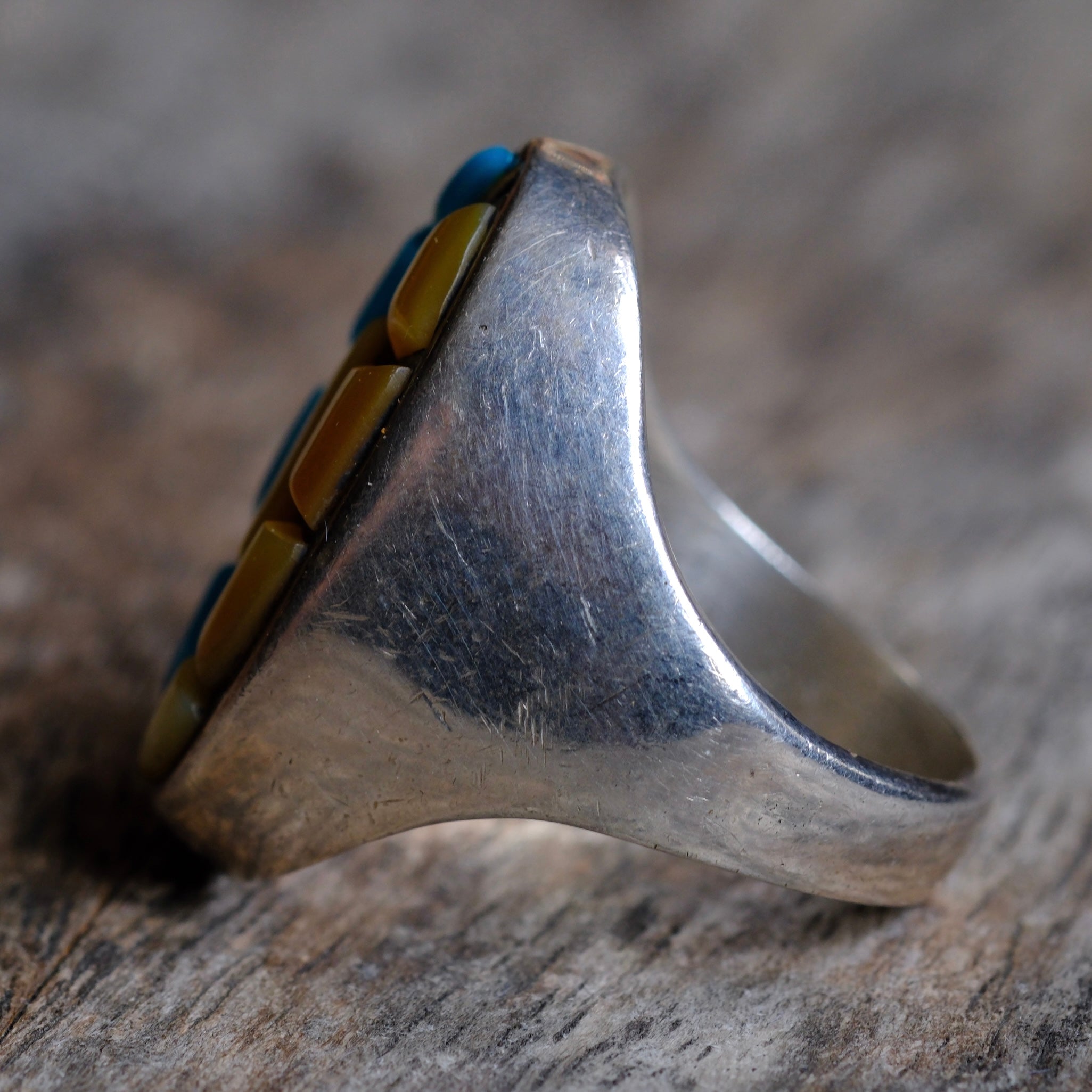 Vintage Sterling Turquoise and Mother Of Pearl Inlay Hummingbird Ring 10.75