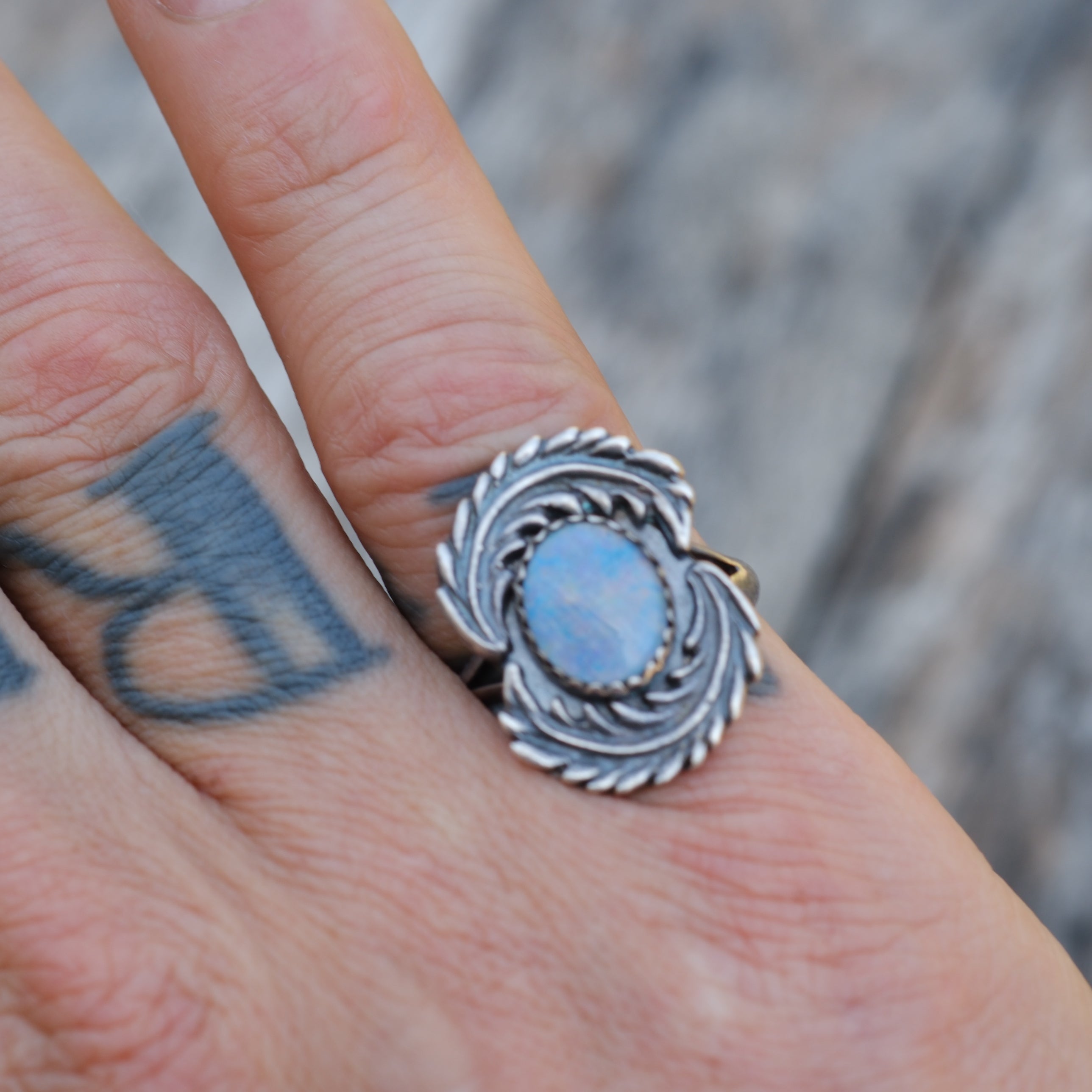 Vintage Sterling Opalite Feather Ring 7