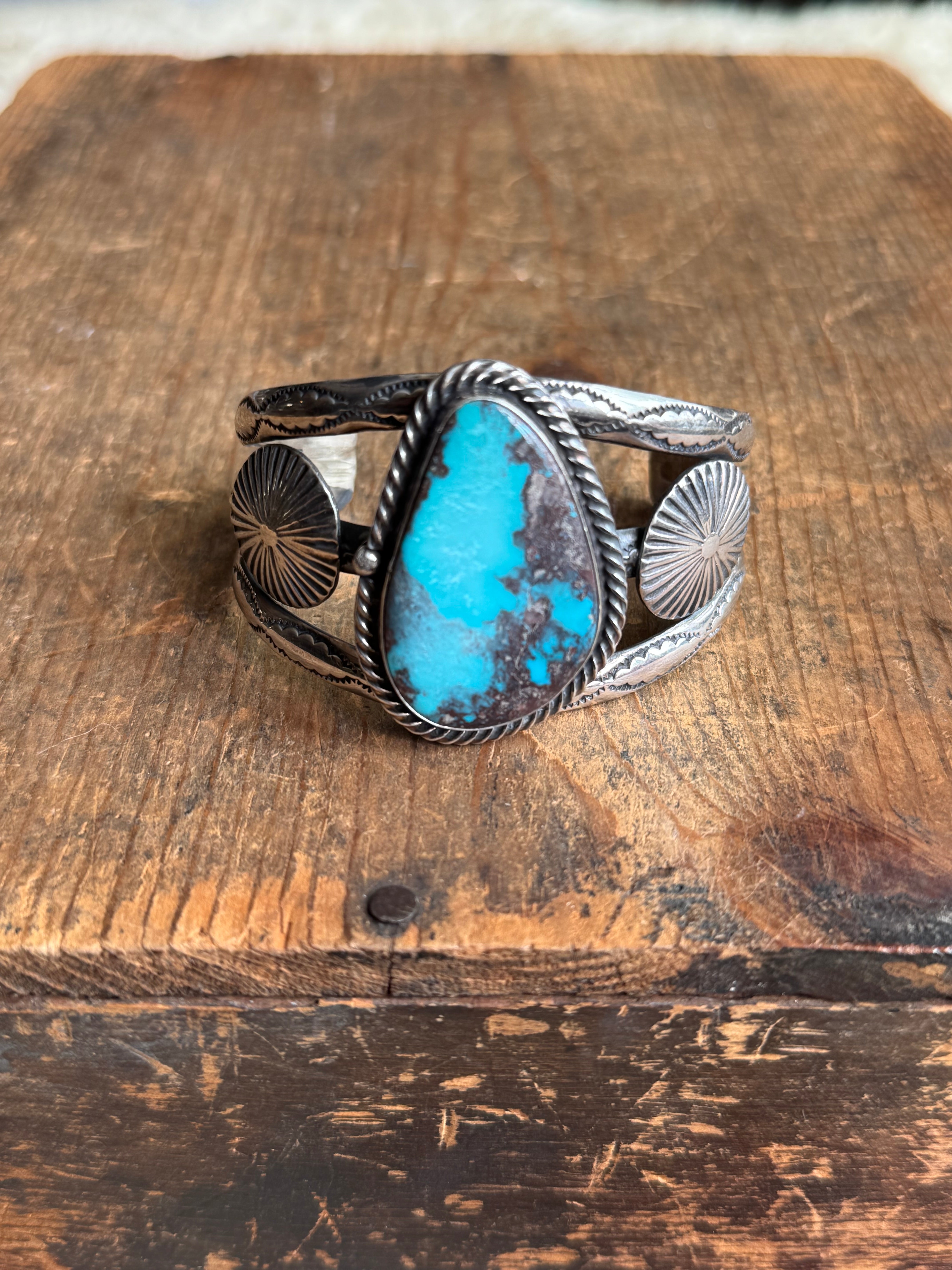 Vintage Sterling Silver Stamped Turquoise Sun Coin Cuff