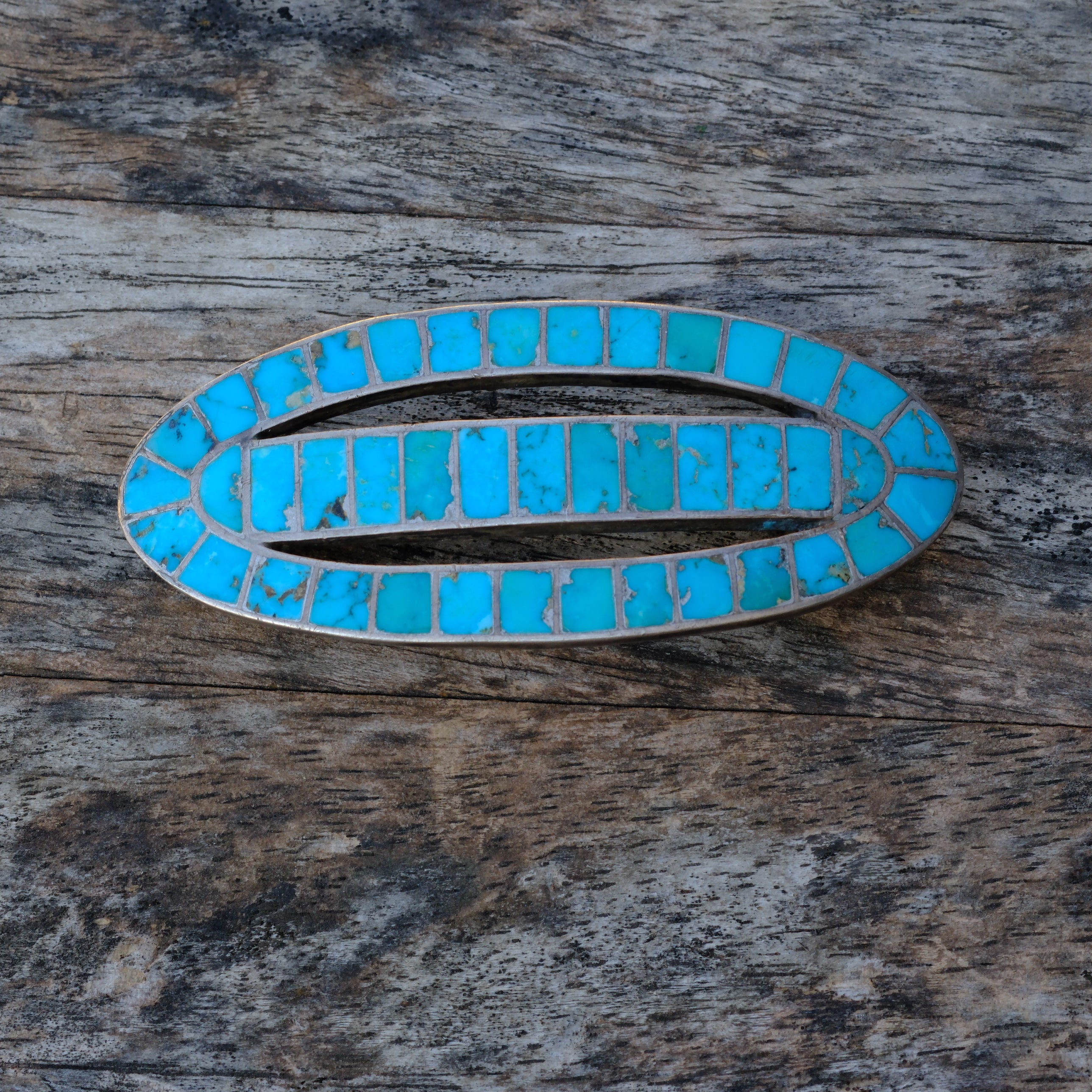 Vintage Sterling Gem Turquoise Inlay Belt Buckle