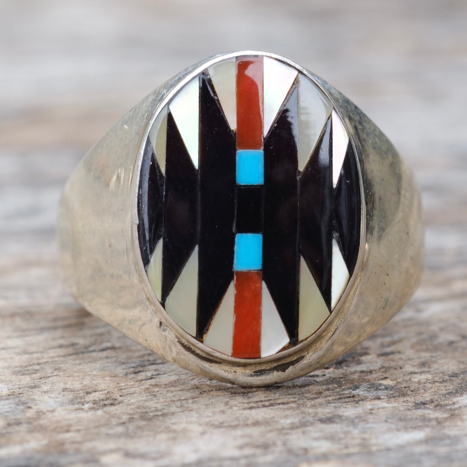 Vintage Sterling Zuni Inlay Ring 9.75