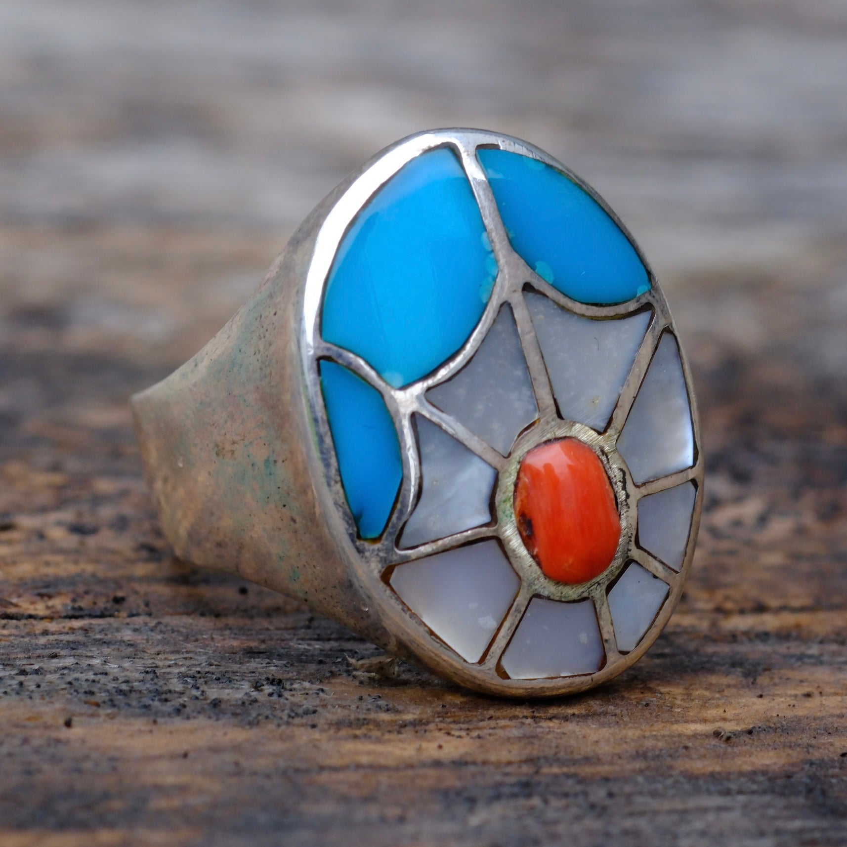 Vintage Sterling Turquoise MOP and Coral Inlay Spiderweb Ring 9.75