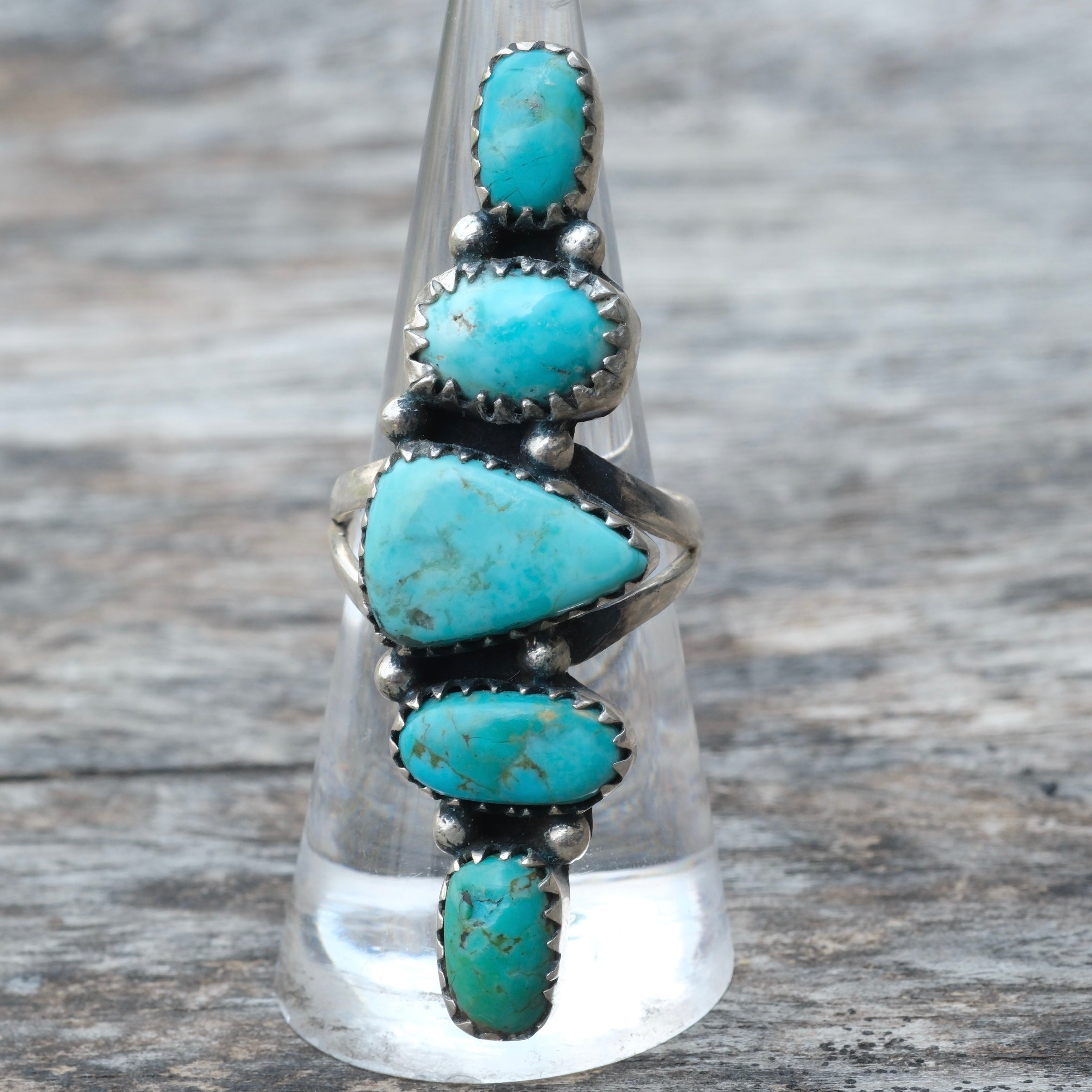 Huge Vintage Sterling 5-Stone Turquoise Ring 7.5