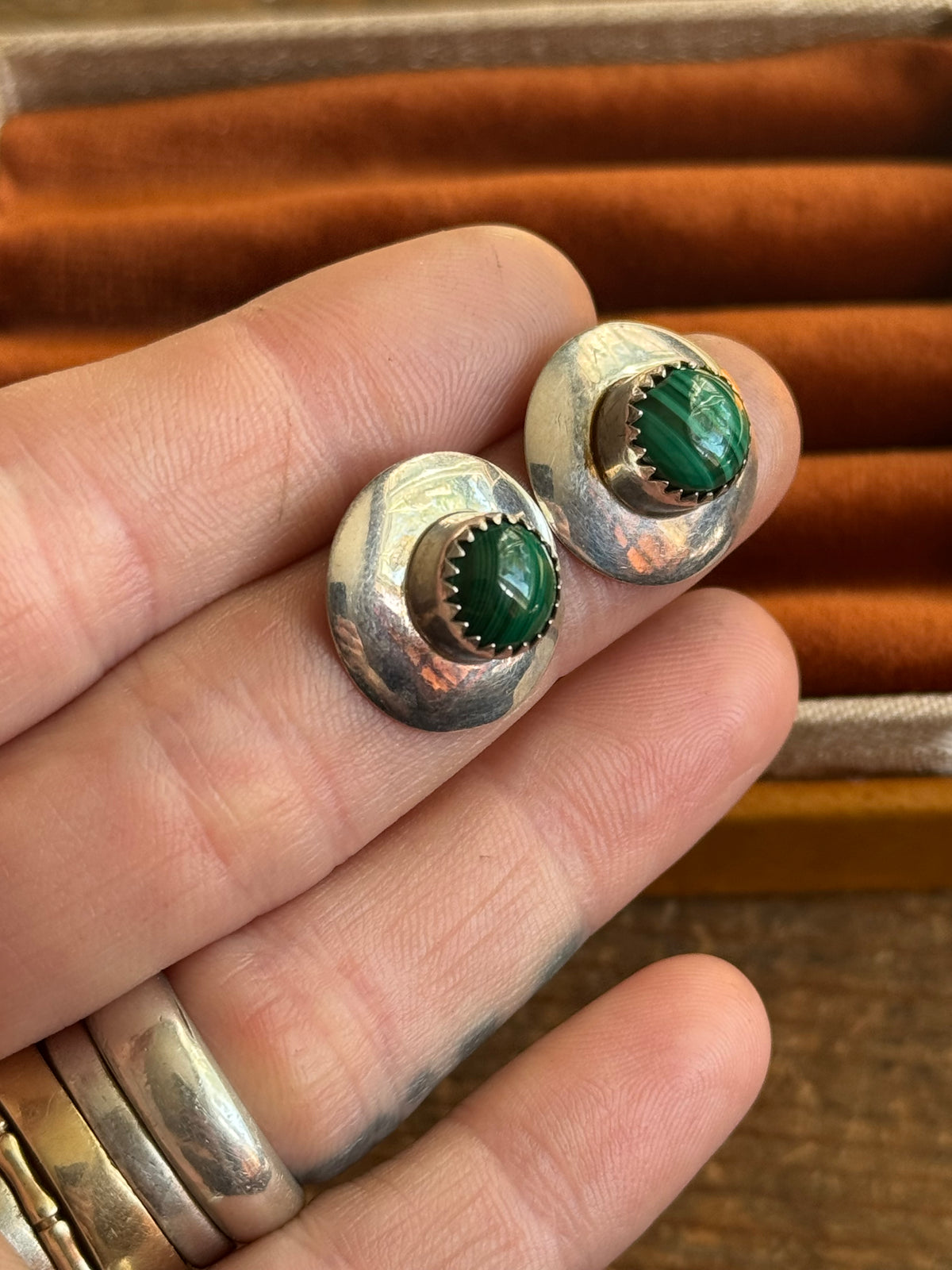 Vintage Sterling Silver Malachite Concho Earrings