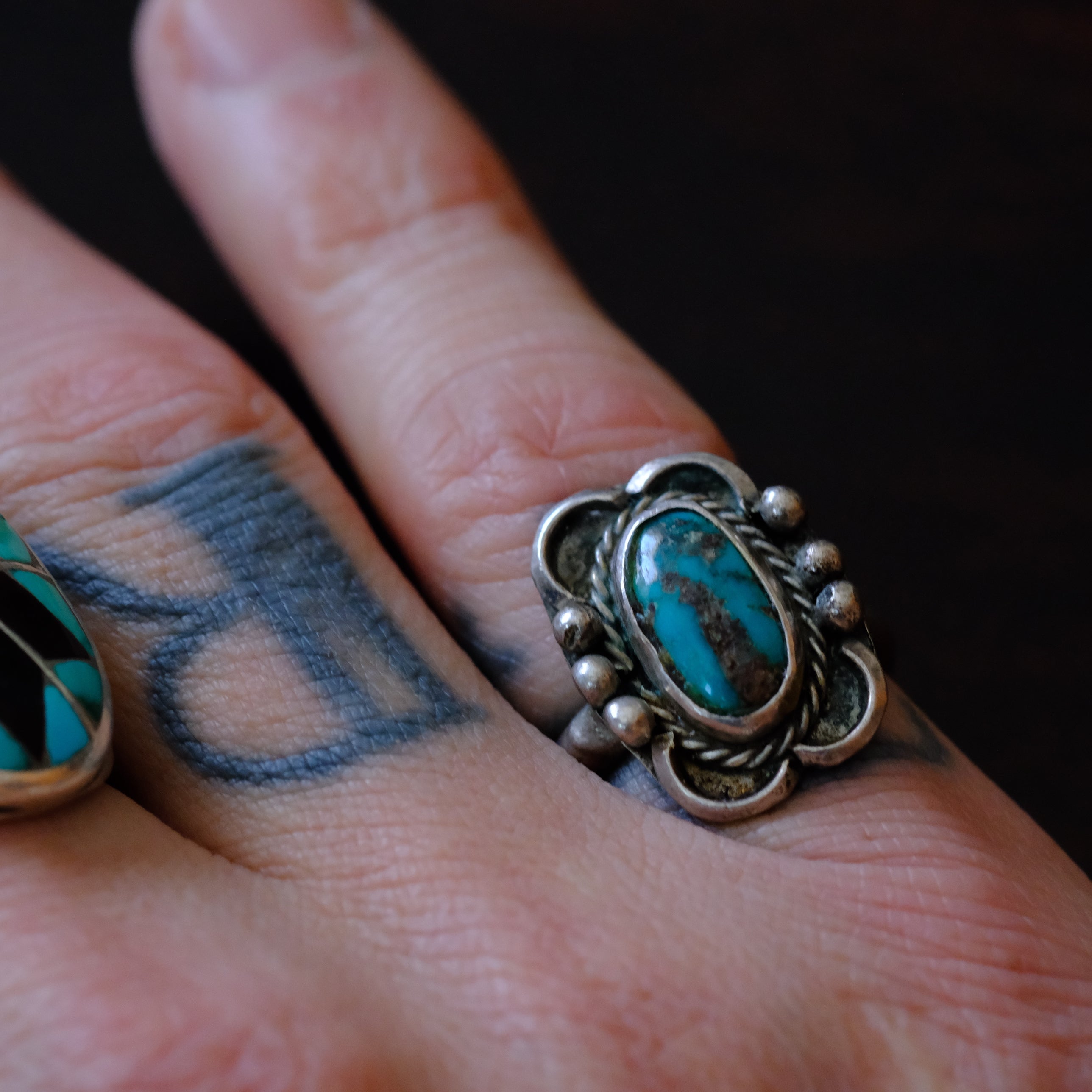 Vintage Sterling Turquoise Florette Ring 6.25