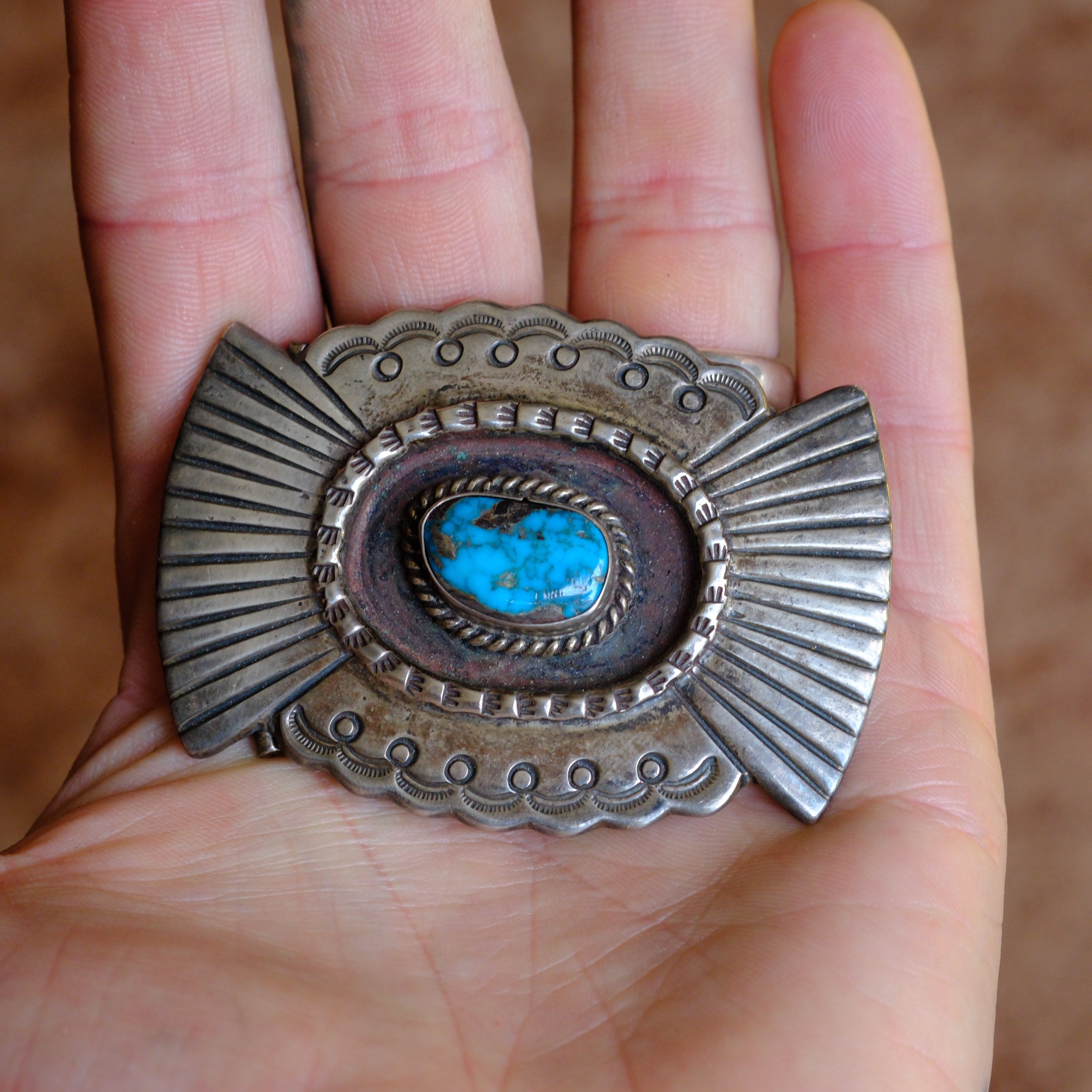 Vintage Sterling Heavy Turquoise Belt Buckle