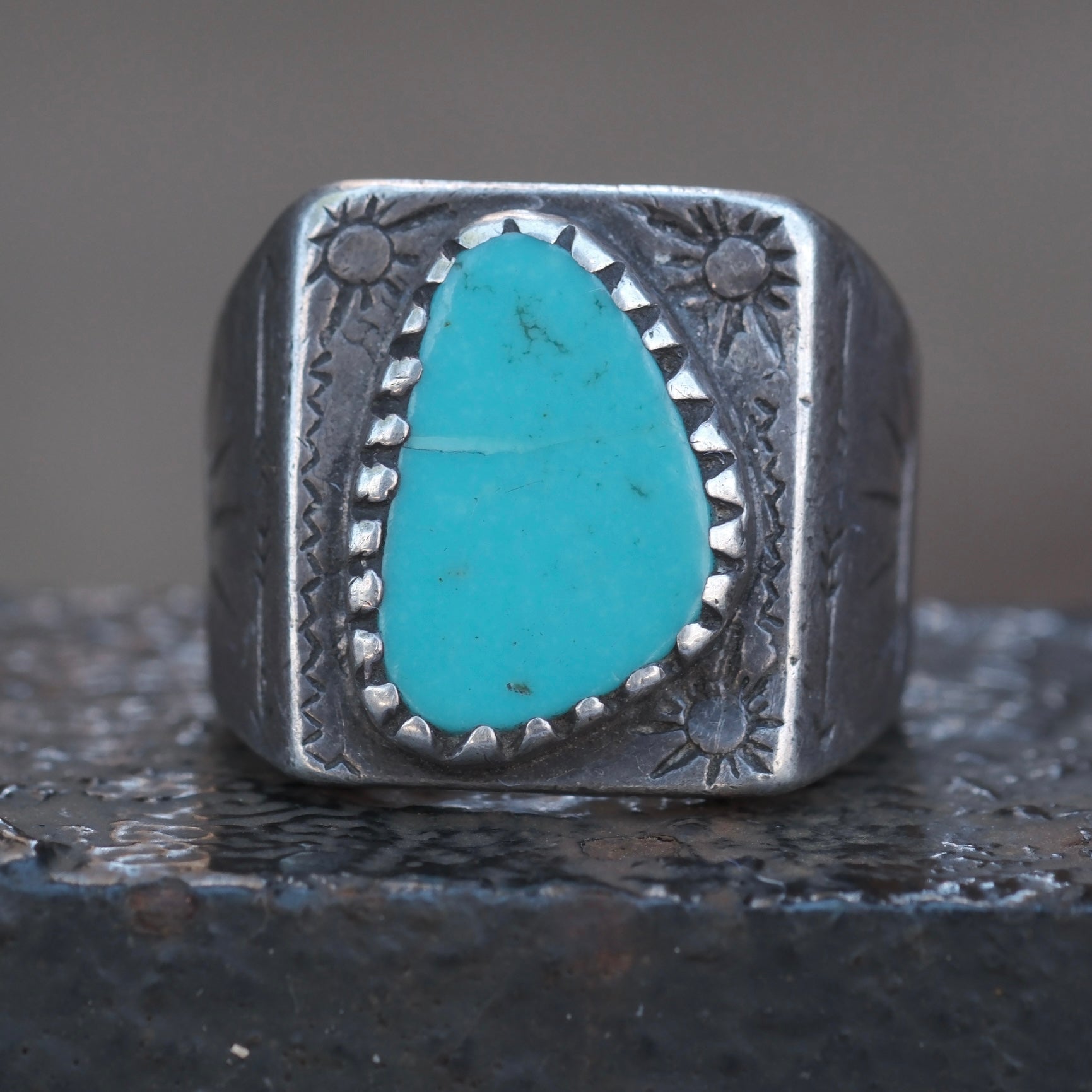 Vintage Sterling Turquoise Stamped Band Ring 10.5