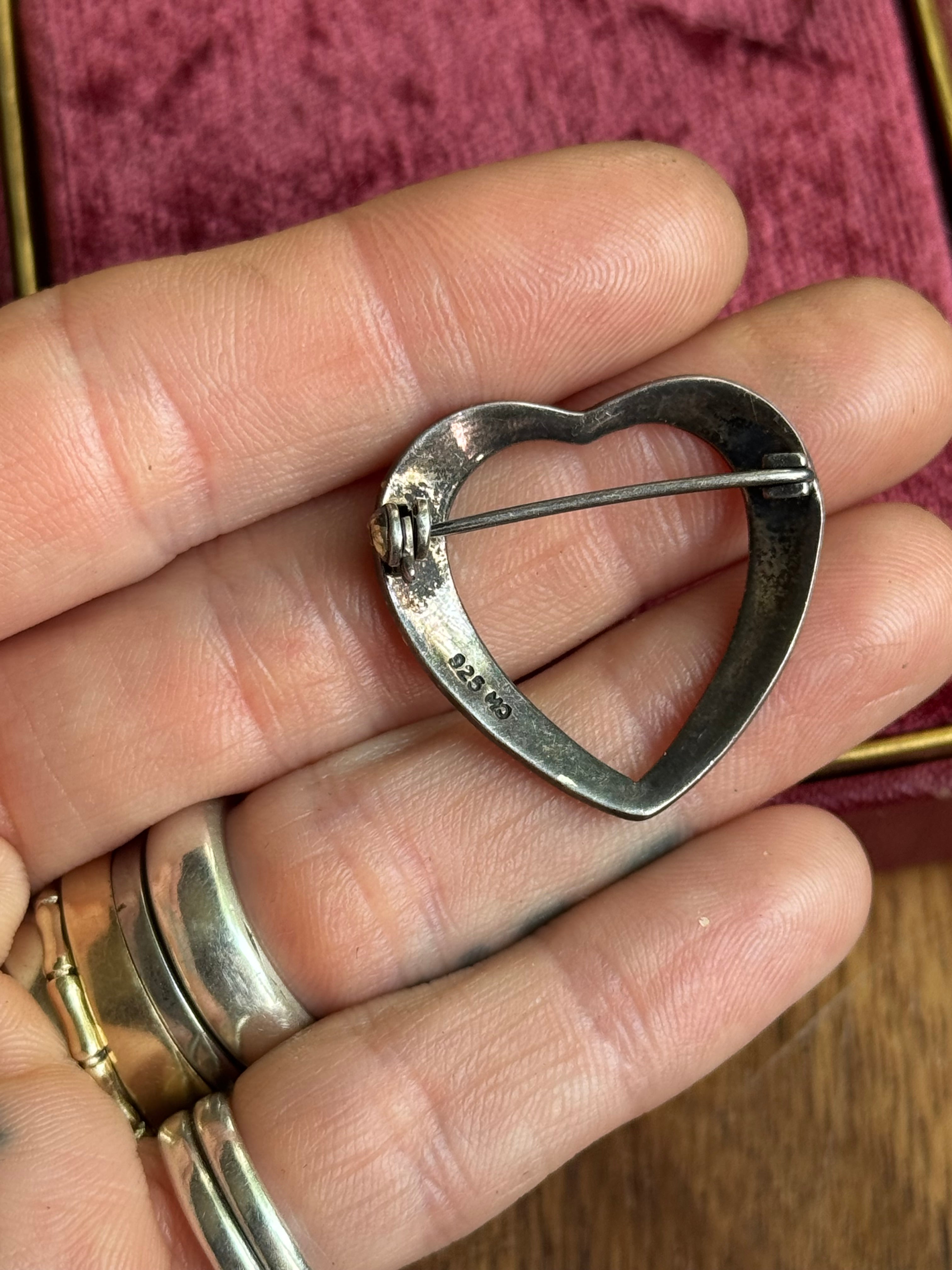 Vintage Sterling Silver Marcasite Heart Pin