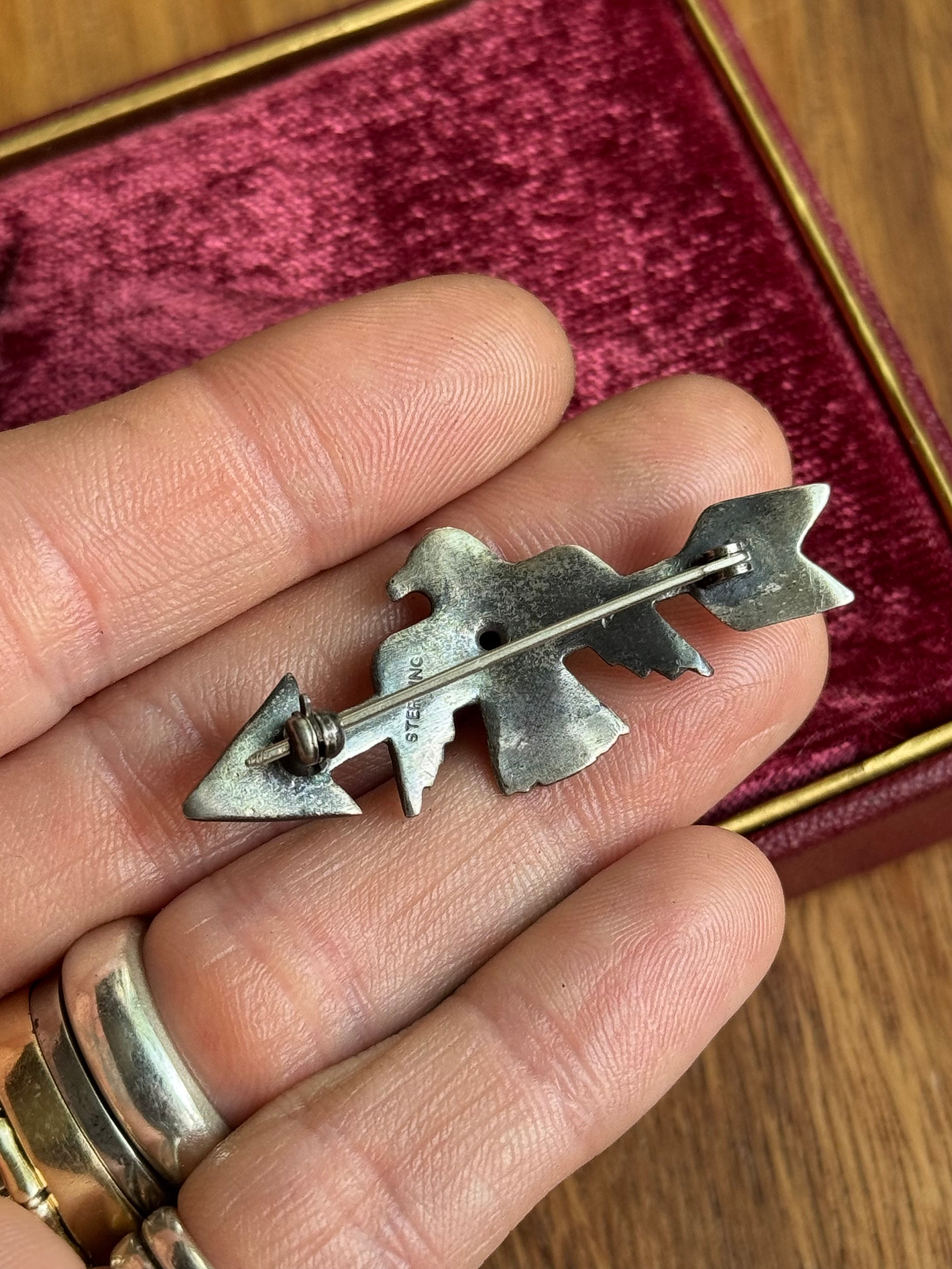 Vintage Sterling Silver Turquoise Thunderbird Arrow Pin